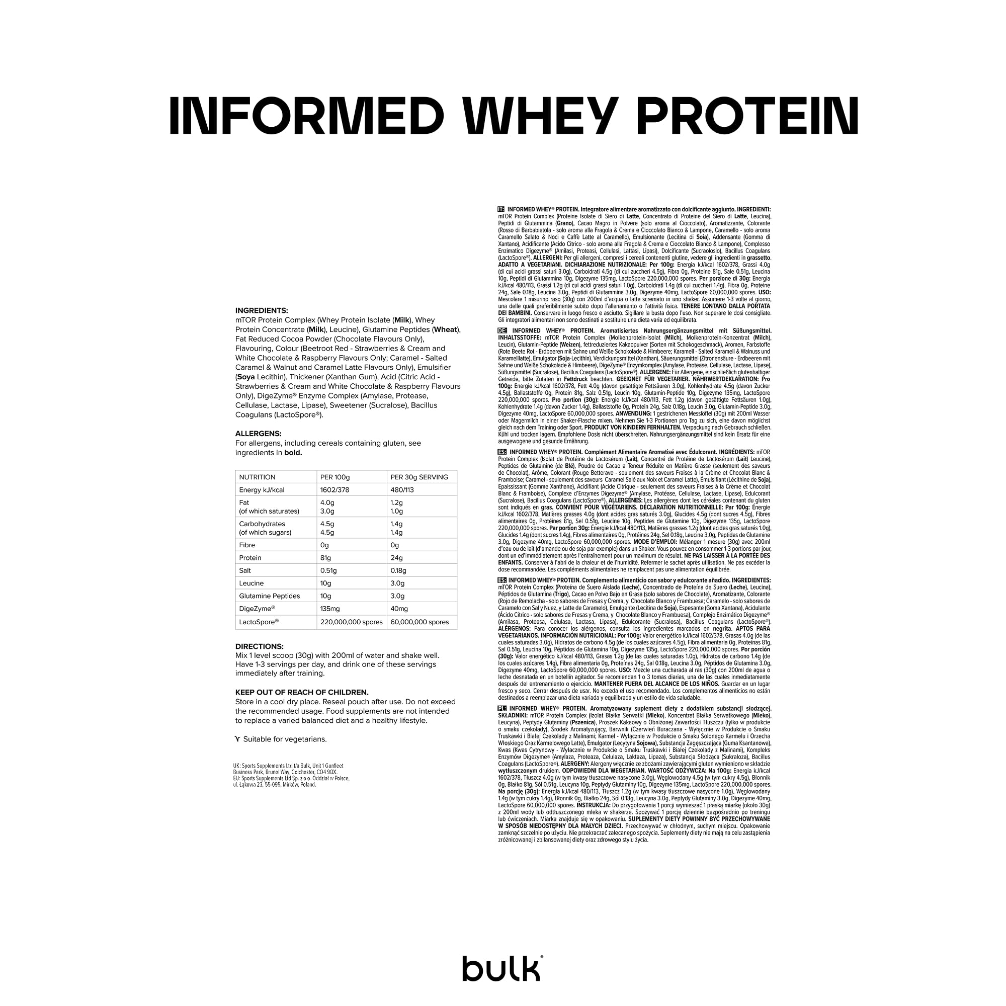 Bulk Informed Whey Protein, Frullato proteico con aggiunta di enzimi digestivi, Vaniglia, 2.27kg, 75 porzioni