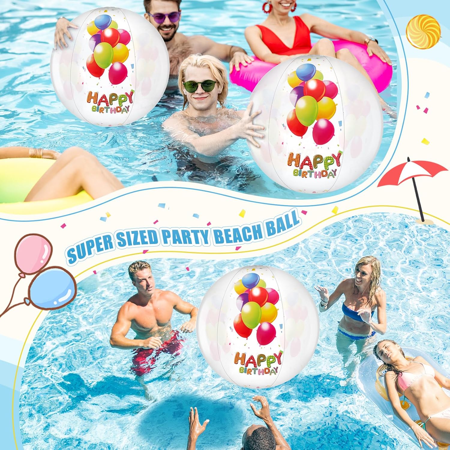 Silipull 4 Pcs 20 Inch Birthday Beach Ball Clear Inflatable Pool Balls Bulk Large Pool Birthday Party Decorations for Swimming Outdoor Water Games Adults Gift Favor
