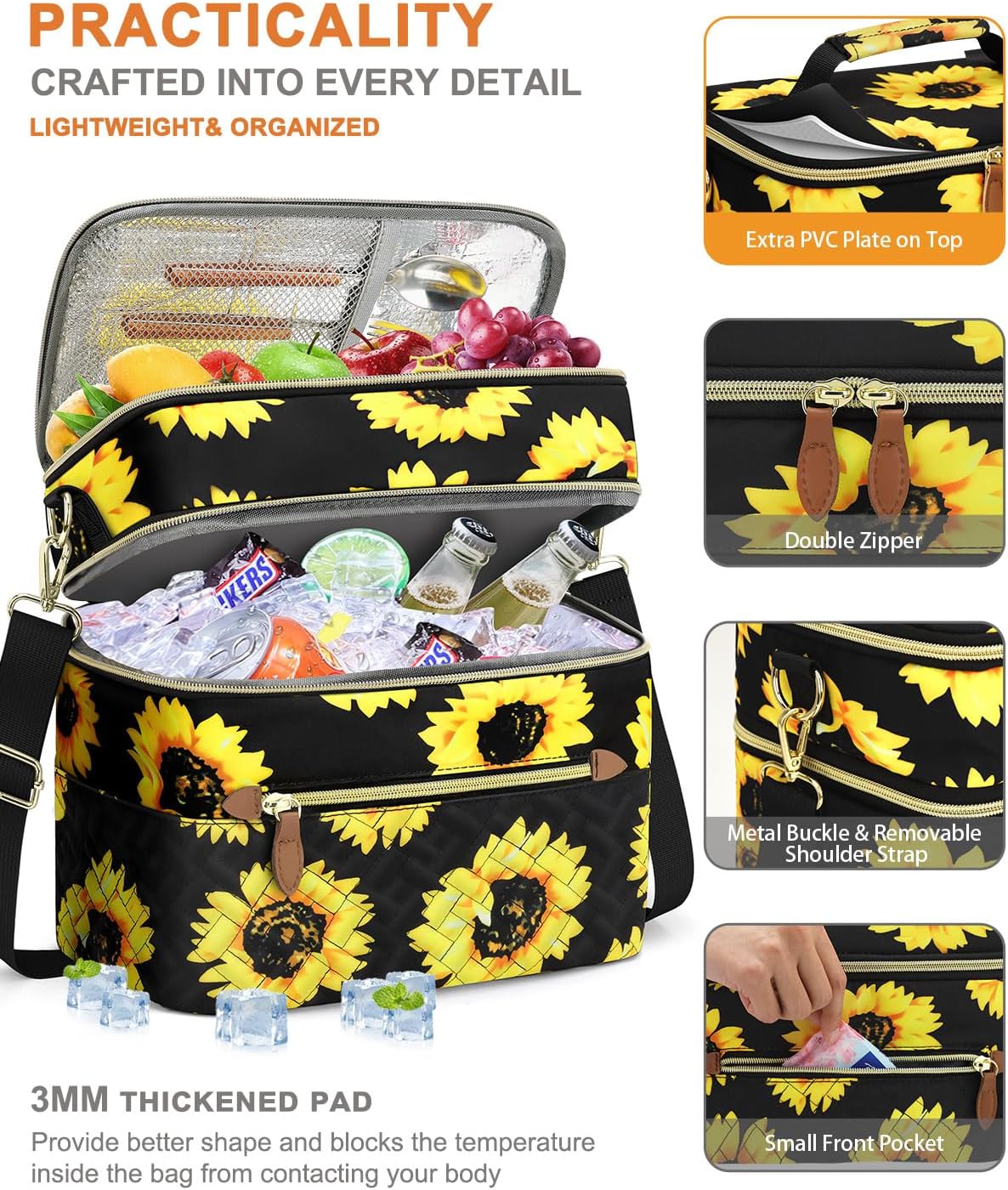 Capolo Lunch Box for Women Men Adults,Double Deck Insulated Lunch Bag Leakproof Lunch Cooler Box with Removable Strap Lunch Tote Bags Reusable Thermal Lunchbox for Work Picnic(Large,Sunflower)