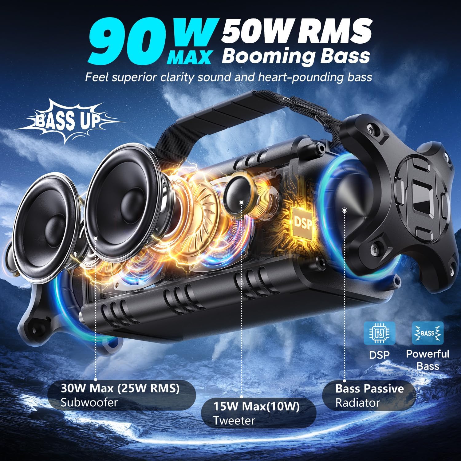 W-KING 90W Max Bluetooth Speaker, IPX6 Waterproof Portable Speakers Wireless Bluetooth, 50W Deep Bass Loud Outdoor Speaker with 40H Playtime/Stereo Pairing/TF Card/AUX/NFC for Home Party,Camping,Beach