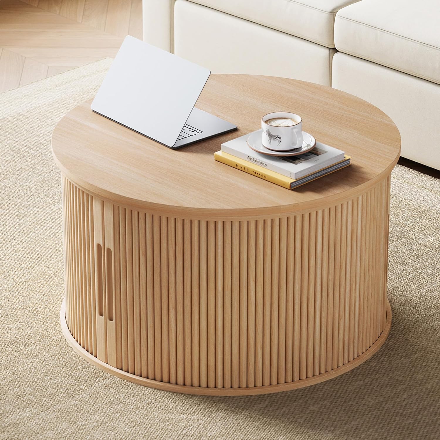 LINSY Lift Top Coffee Table, Round Fluted Coffee Table with Storage, Boho Wooden Coffee Tables with Sliding Tambour Door, 31.5" Center Table for Living Room, Office, Small Space, Natural Oak