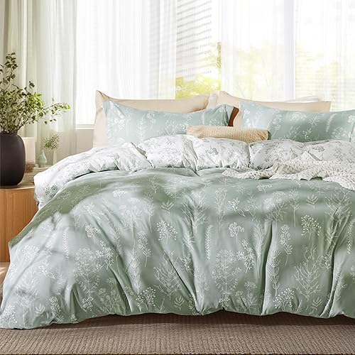Bedsure Full Comforter Set - Sage Green Bed Set, 3 Pieces Cute Floral Bedding, 1 Soft Reversible Botanical Flowers Comforter and 2 Pillow Shams