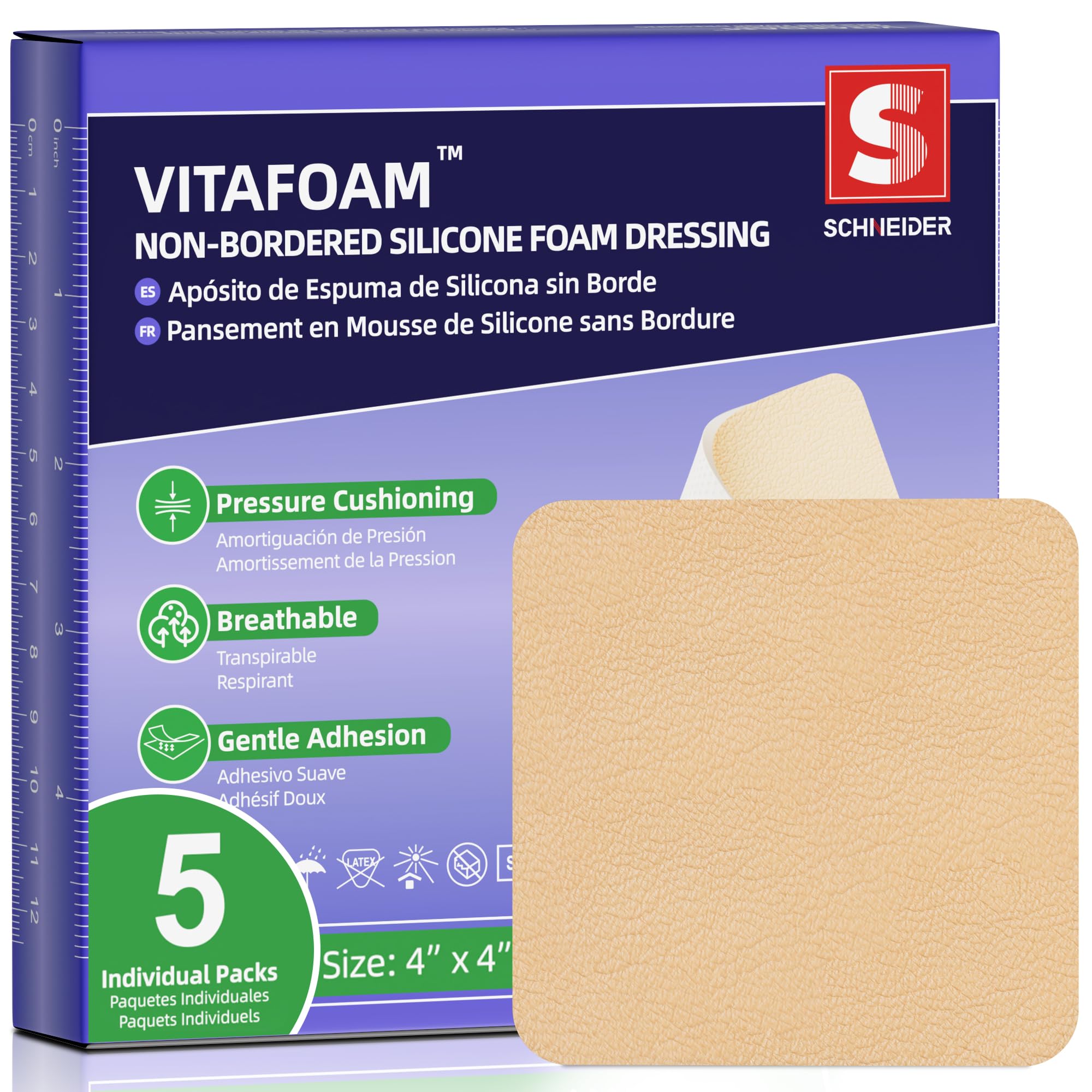 VitaFoam Silicone Foam Dressing Without Border, 4" x 4", 5 Pack | High-Absorbency Silicon…