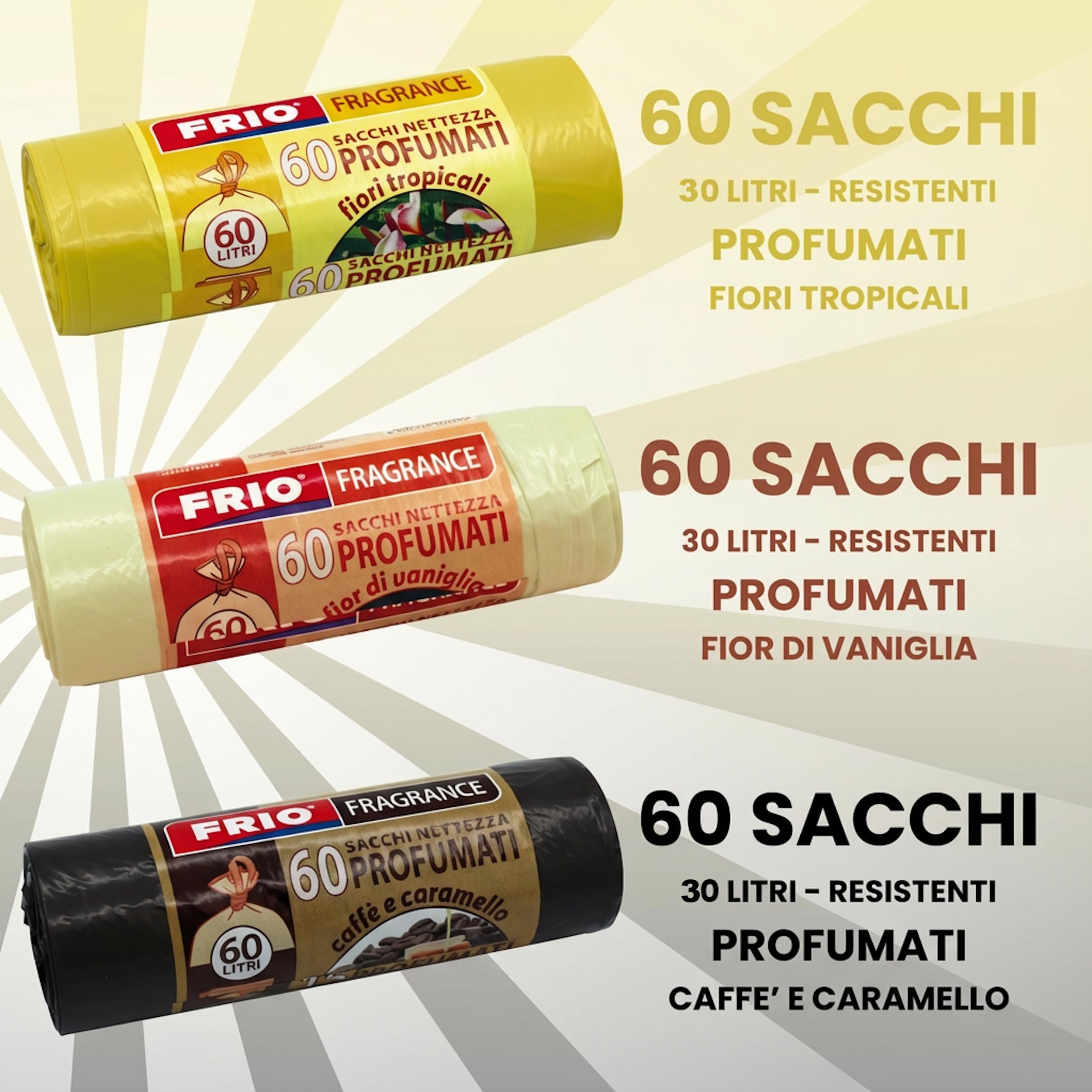 FRIO Multifrutti – 360 Sacchetti Spazzatura 30L Profumati, 24 Rotoli da 15 Sacchi con 6 Aromi e Colori Assortiti, 52x58 cm, Buste Pattumiera Resistenti e Antigoccia