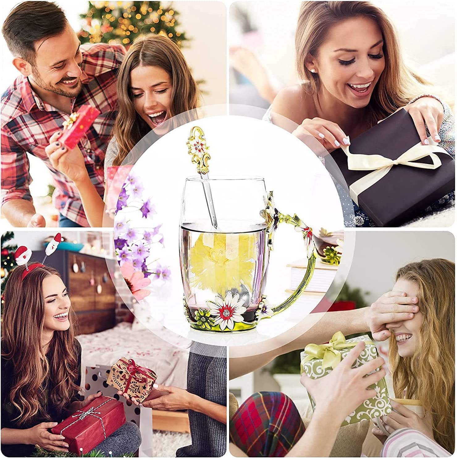 Kaffeetassen aus Glas mit Blumenmotiv, Emaille-Glasbecher, Emaille-Blumen-Teeglas, Kaffeetasse, Glasbecher, kreative Emaille-Kristall-Teetasse, Kaffeetasse, Schmetterling, Rose, bemalte Blume, Wasser