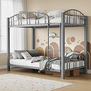 GarveeHome Metal Bunk Bed Twin Over Twin, Heavy Duty Bunkbeds Frame with Arched Guardrail and Safety Ladder, Sturdy Steel Bed for Kids Boys Girls, Space-Saving, No Box Spring Needed, Modern Gray