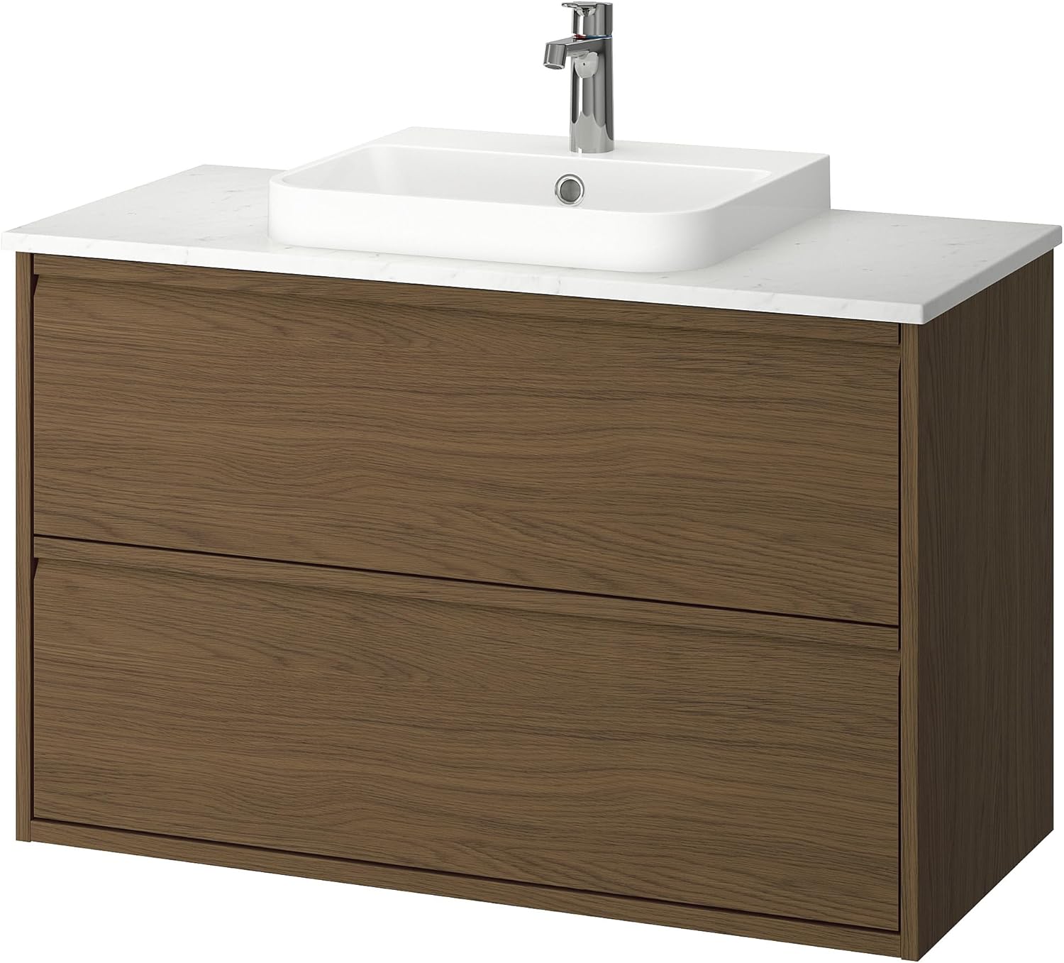 BACKSJÖN/ÄNGSJÖN Wash-stnd w drawers/wash-basin/tap, brown oak effect/white marble effect, 102x49x71 cm