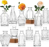 INFTYLE Set of 12 Small Glass Bud Vases - Vintage Relief Design Petite Flower Bottles for Weddings, Tables, Home Decor