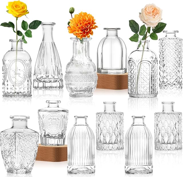 Vase de verre Vase Bud en vrac Ensemble de 12,Petite bouteille de fleur Vintage Vase en verre pour arrangements floraux, pièce centrale décorative,Décoration de table, Fête de mariage à la maison