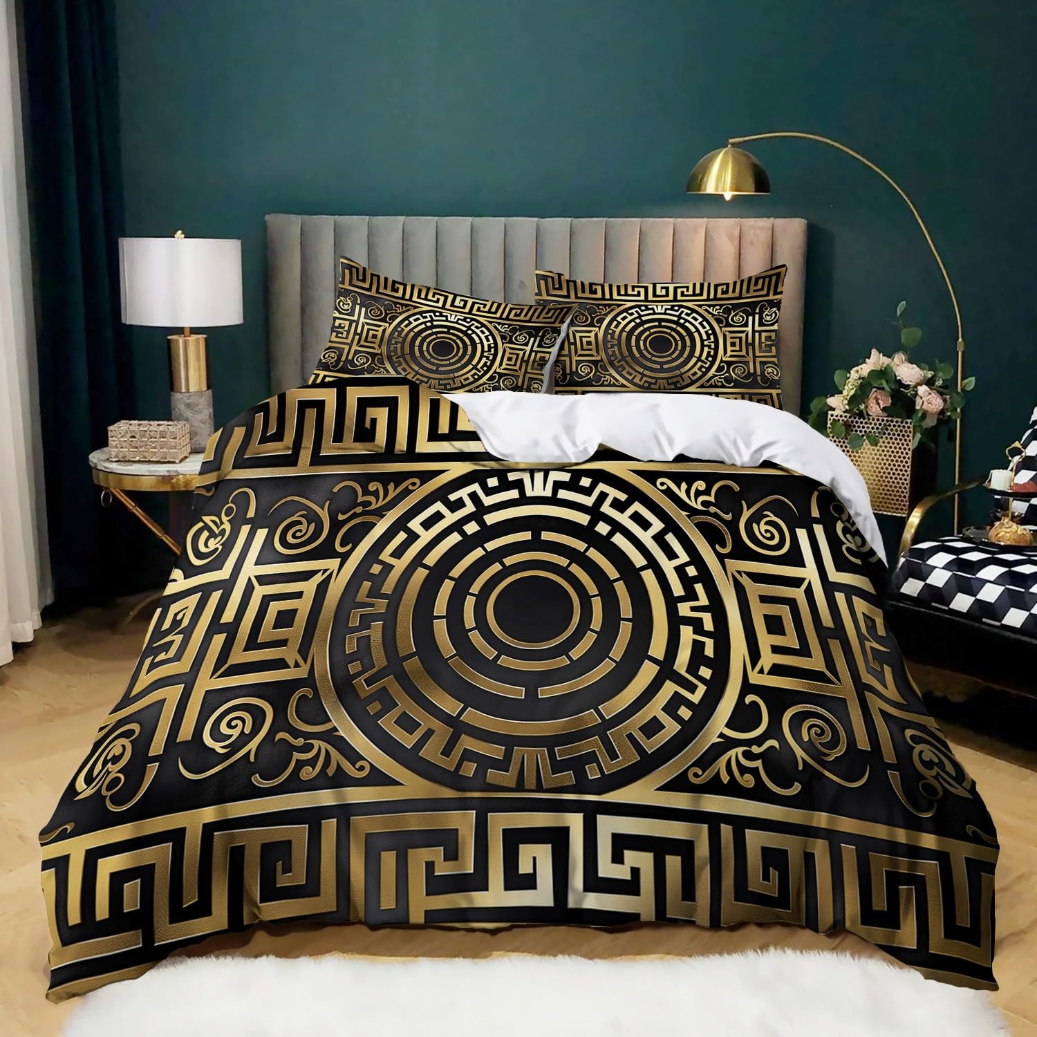 Golden Geometric Shapes Duvet Cover Set Single Size, Tribal Style Print Bedding 3Pcs with 2 Pillowcases, Microfiber Comfortable Breathable Quilt Cover 135x200 cm for Kids Boys Girls Adults