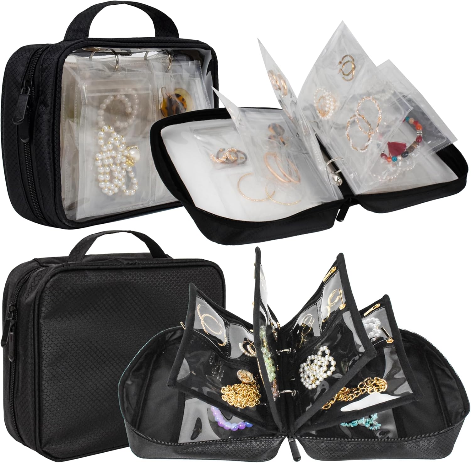 Travel Jewelry Organizer Case with Zipper Soft Velvet Pouch and Small Clear Zippered Pouches
