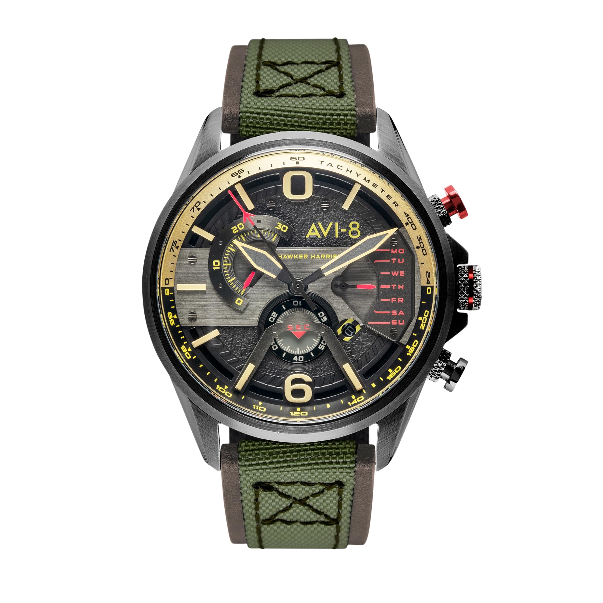 AVI-8 For Men 44mm Hawker Harrier II Double Chronograph Retrograde Japanese Quartz Pilot Watch with Leather Strap AV-4056