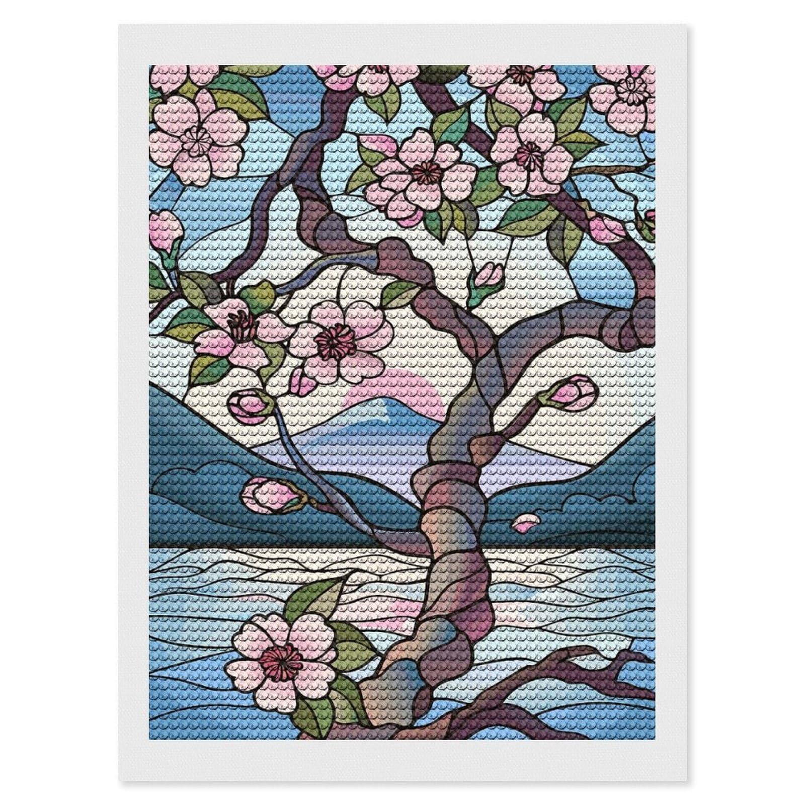 Junmoney Stained Glass Cherry Blossoms and Mountain Diamond Painting Canvas Kit 12"x16", Adhesive Canvas, Christmas Gift, Full Kit Included, Thoughtful Present
