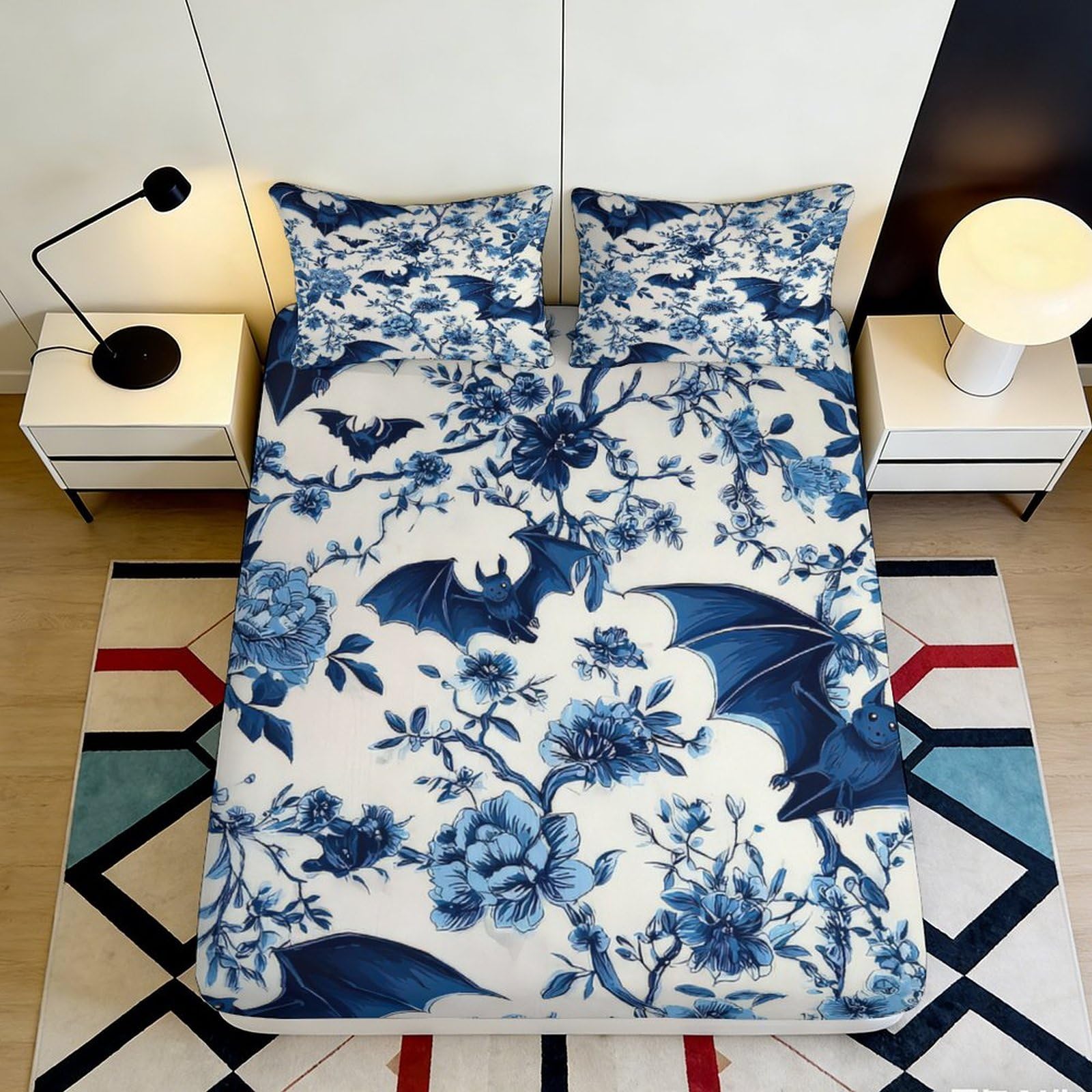 Decorative Blue Bat Fitted Sheet 3D Printed Microfiber, Soft Touch, Bed Cover for Bedroom, Guest Room Bedding, Easy Care, Wrinkle Resistant, Anti-Slip, Home Decor, 100-120cm 90x200x25cm