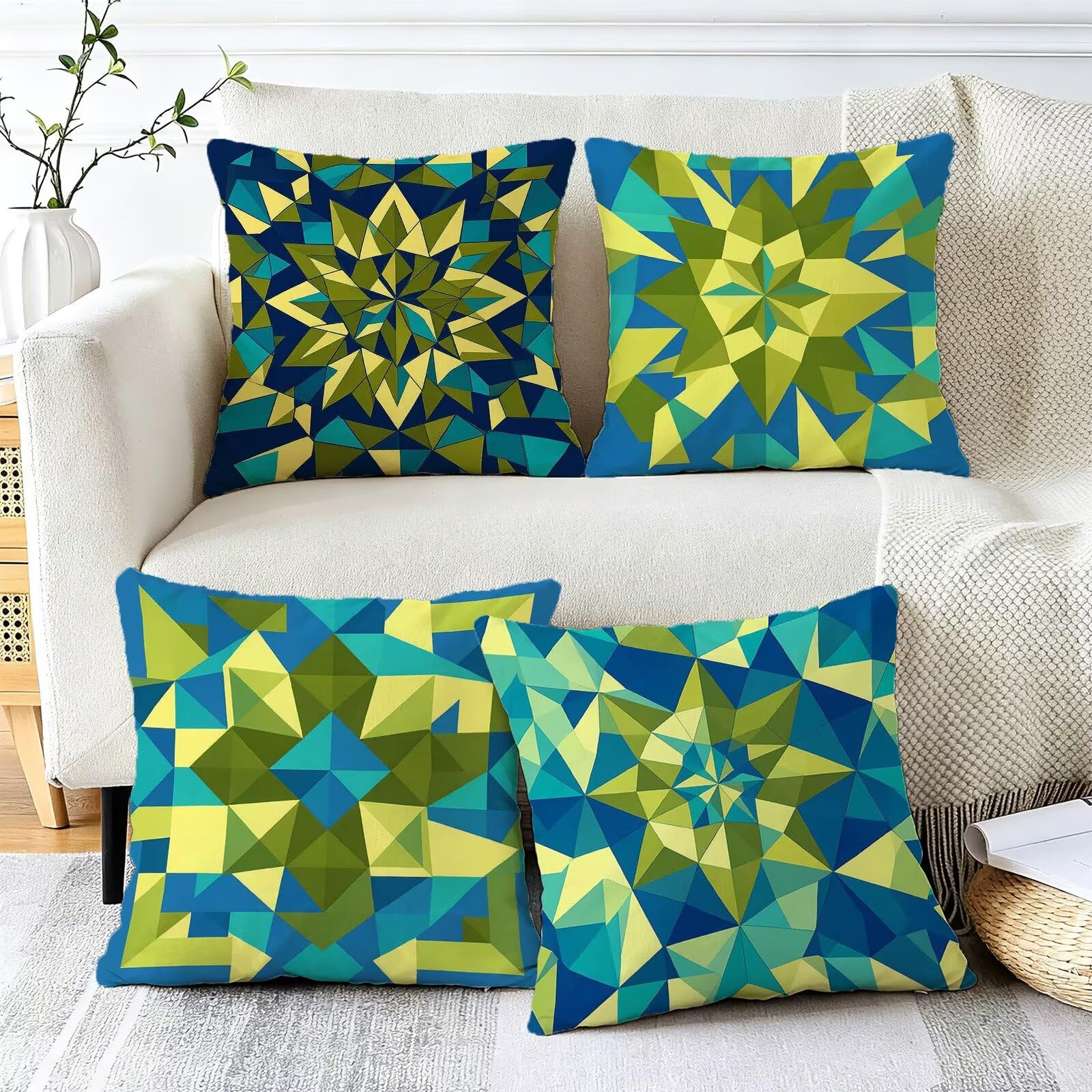 Verde Federe Cuscini Divano 60x60cm, Cuscini da Esterno Set de 4, Cod-53 | Lin Copricuscini Decorativi Letto Arredo, per Letto, Soggiorno, Giardino, Esterno, Casa Decorazione Set di 4 Geometria