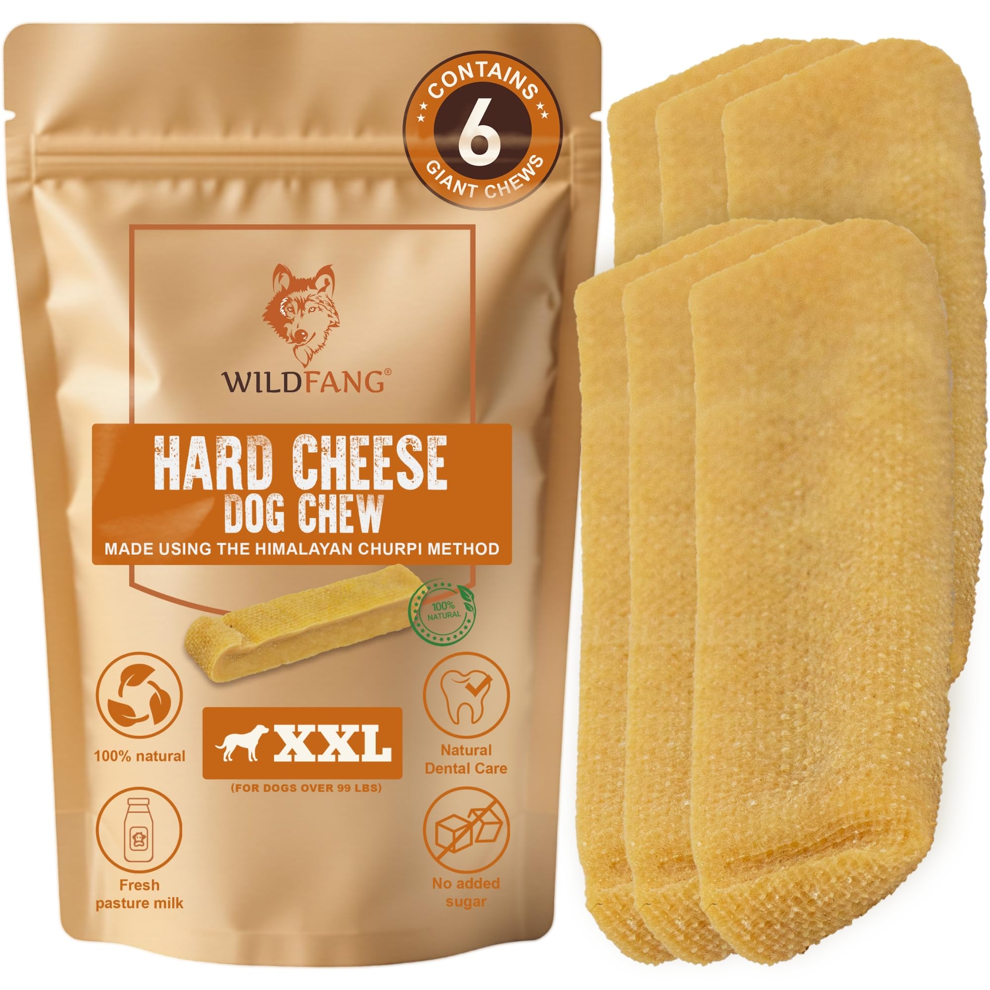 Wildfang® Yak-Käse Kauspielzeug Hund, XX-Groß für Hunde über 45 kg – Zahnpflege-Stick, Hart wie Himalaya Yak-Käse, Churpi-Stil Käse-Sticks, Hundeleckerli & Welpen-Training, ca. 206 g, 6er Pack