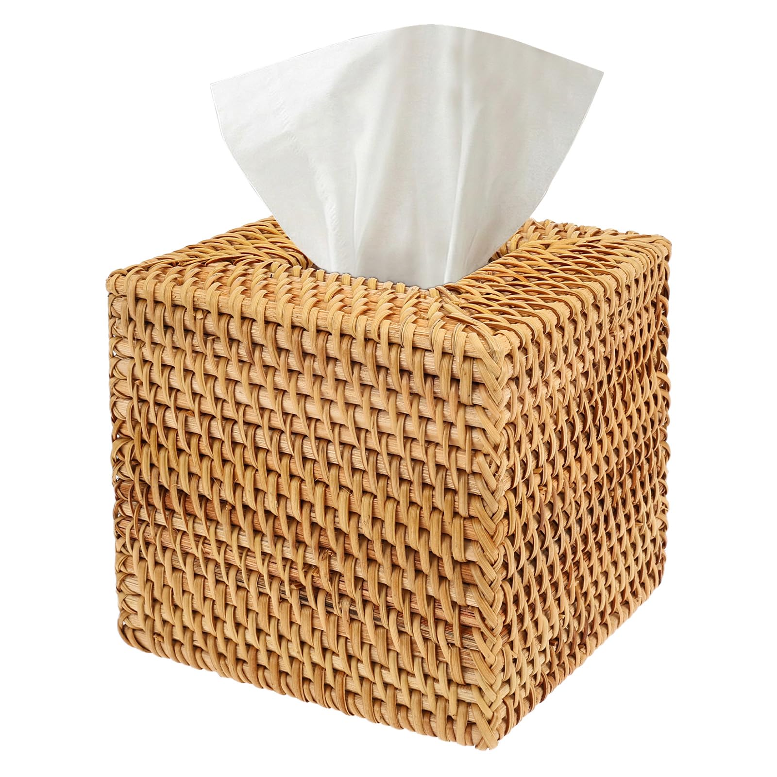 Anihet Log Rattan Tissue Box Cover Square, Hand Wicker Tissue Box Holder Decorative Natural Woven Facial Tissues Holder For Bedroom, Bathroom, Kitchen, Living Room