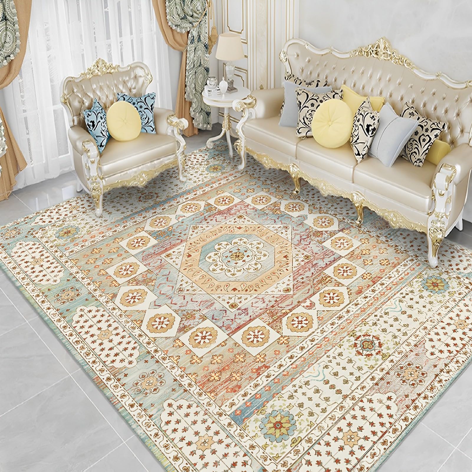 VAODOArea Rugs, 140 * 200 cm Ethnic Style Rug Carpet, Soft Non-slip and Easy-Care Plush Floor Mat, for Living Room, Bedroom, Hallway, Office, Yellow