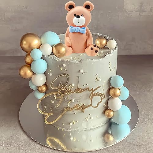 Miniatura 5 de Decoración de pastel de oso mini figura de oso con bola de perla dorada azul y blanca para suministros de cumpleaños con temática de oso de peluche