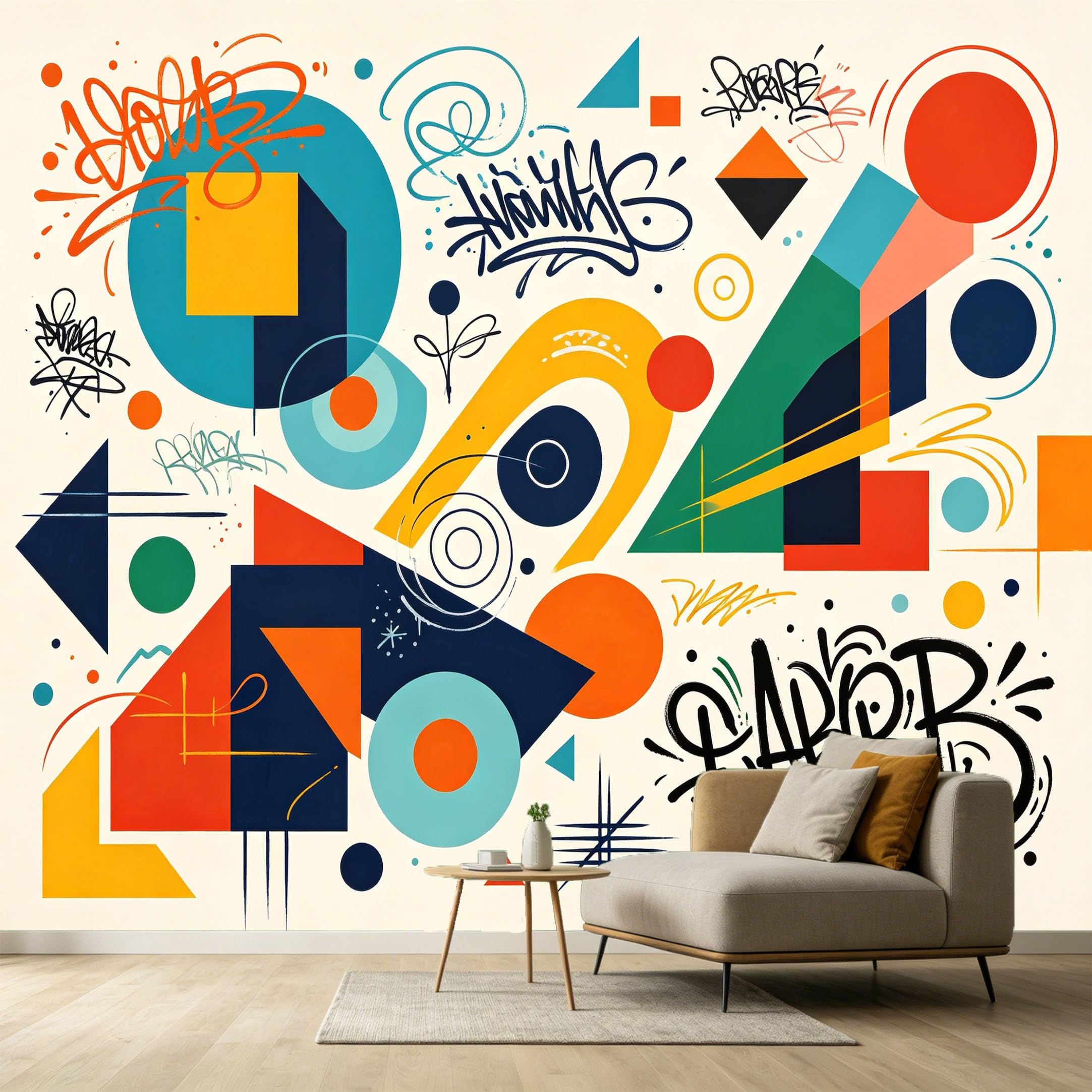 Custom Size Wall Murals Abstract Modern Geometric Shapes Graffiti Art Lines Circles SelfAdhesive Wall Fabric Removable Large Wallpaper for Photo Living Room
