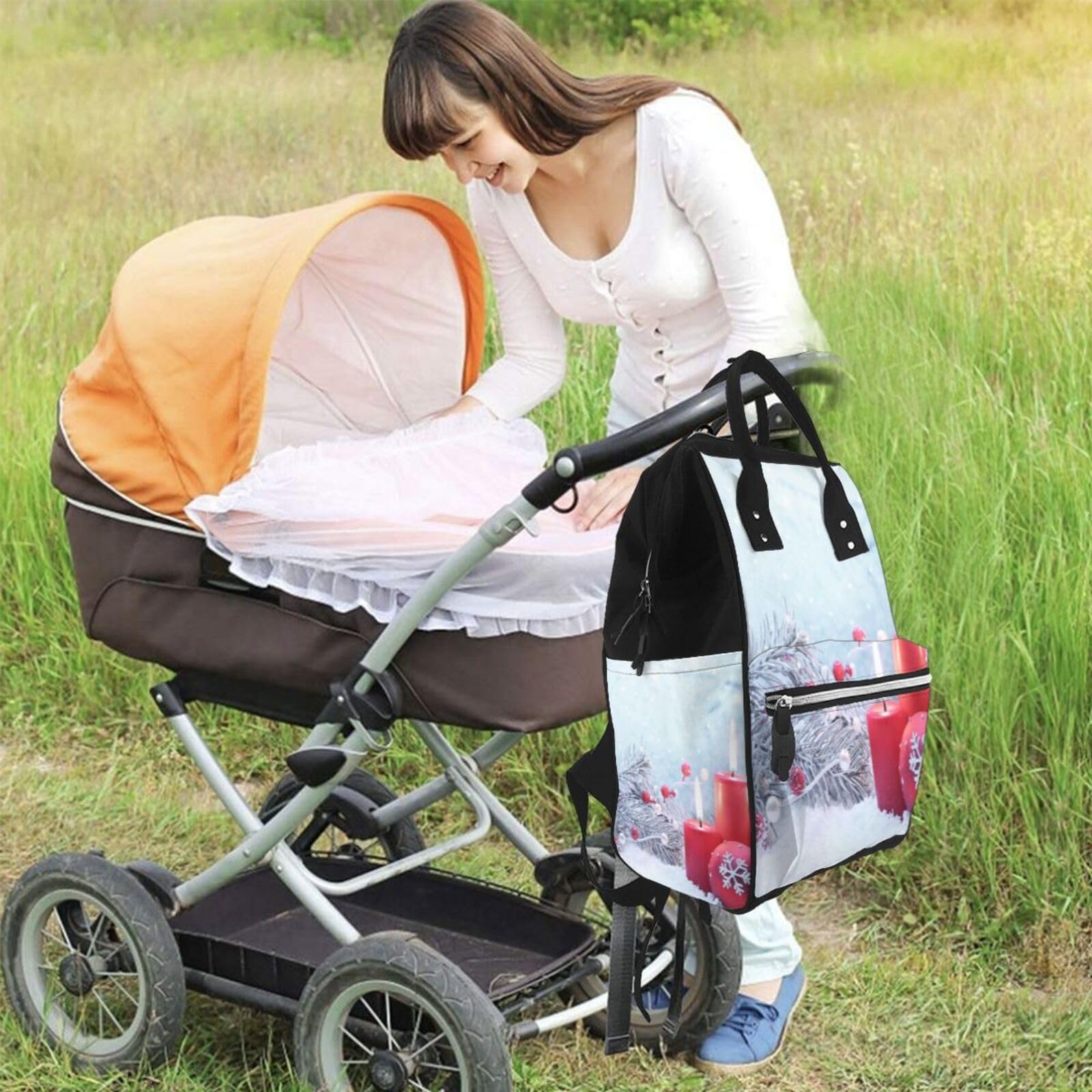 OUSIKA Bolsa de pañales con estampado de Feliz Navidad, multifunción, grande, para viajes, para mamá y papá, color negro, talla única, Negro, talla única