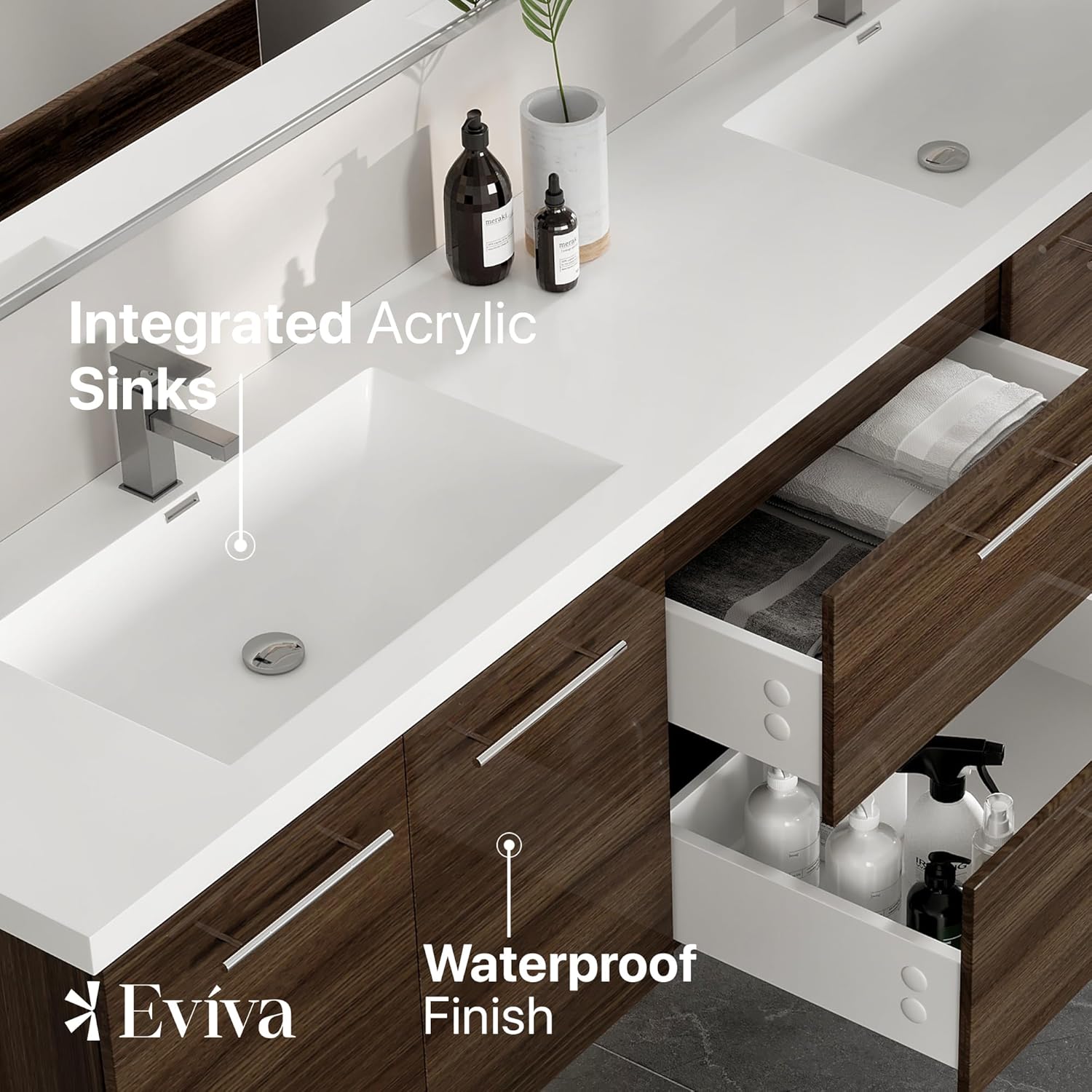 Eviva Lumina 84 in. Gray Oak Wall Mount Double Sink Bath Vanity with Acrylic Top and Integrated Sinks