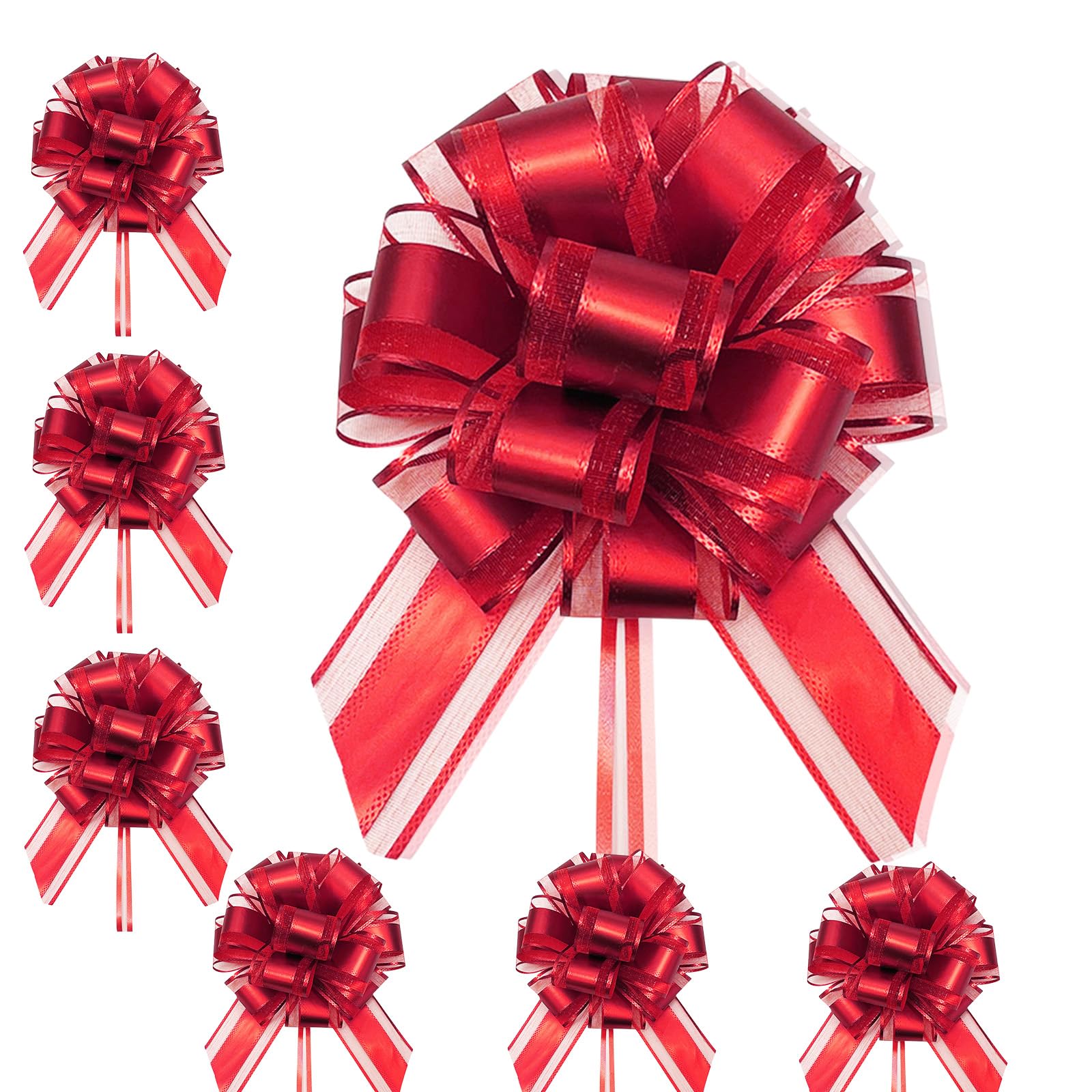 6P 7in/5cm Large Pull Bows Gift Wrap Bows for Gift Wrapping,Red Pull Bow Ribbon for Present Wedding Car Gifts Basket,Christmas Pretied Gifts Red Wrapping Bow for Flower Wedding Birthday Decor