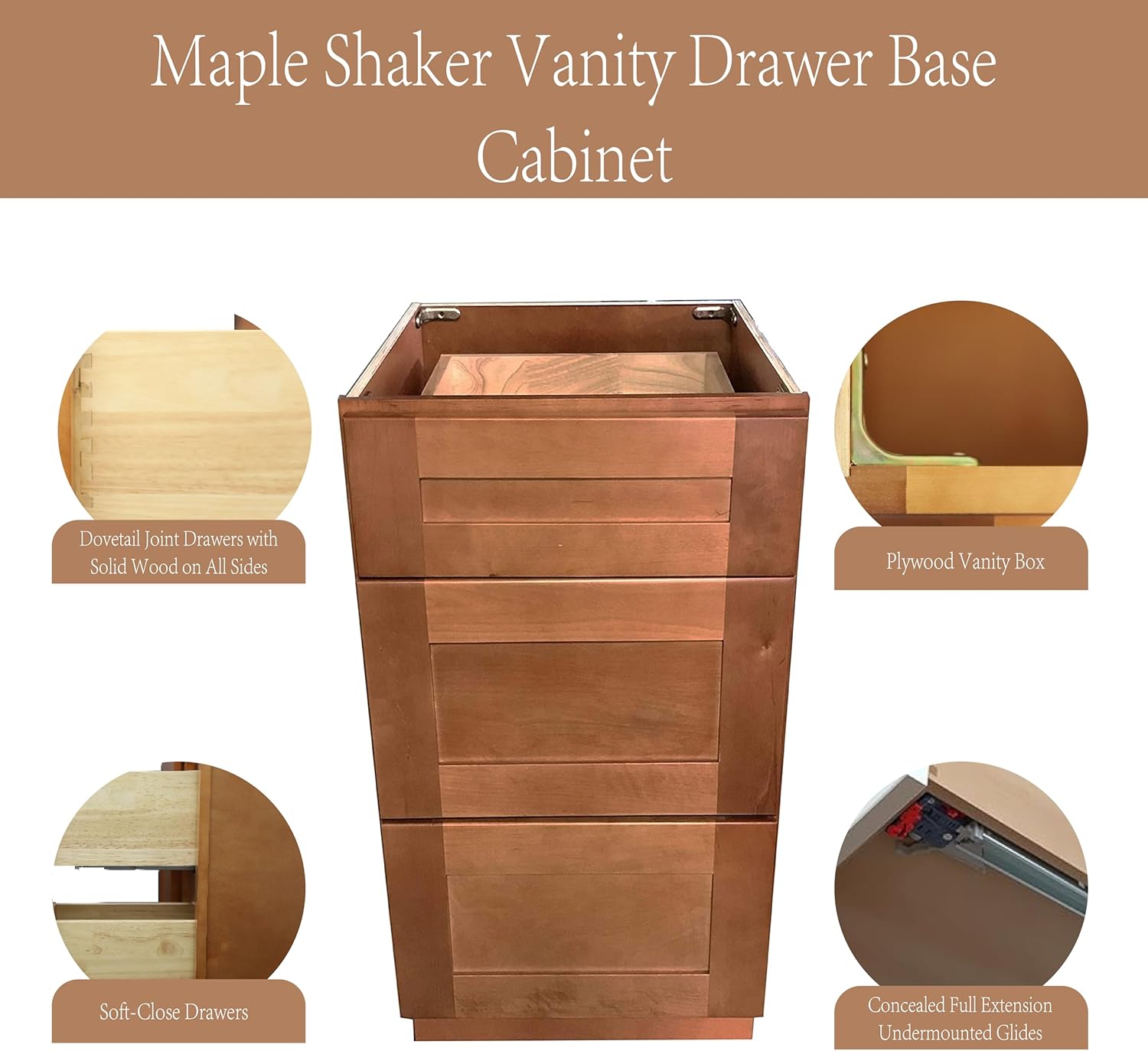 Maple Shaker 3 Drawers Bathroom Vanity Base Cabinet 12" Width x 21" Depth (12" Width)