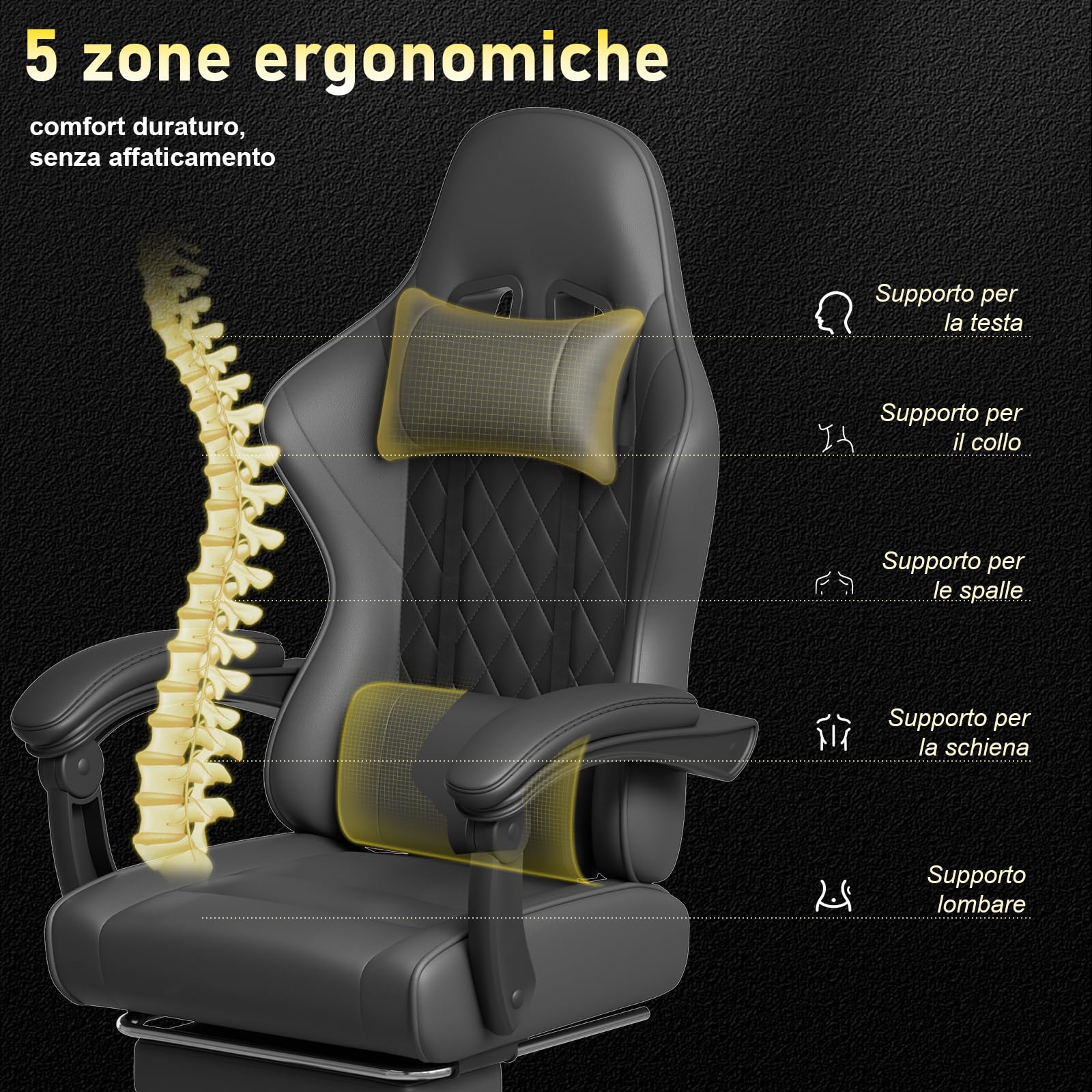 JUMMICO Sedia da Gaming Massaggiante con Poggiapiedi Telescopico, Sedia Gamer con Cuscino Lombare & Poggiatesta, Ergonomica Sedia da Ufficio Schienale Regolabile, Portata 150 kg (Nero)