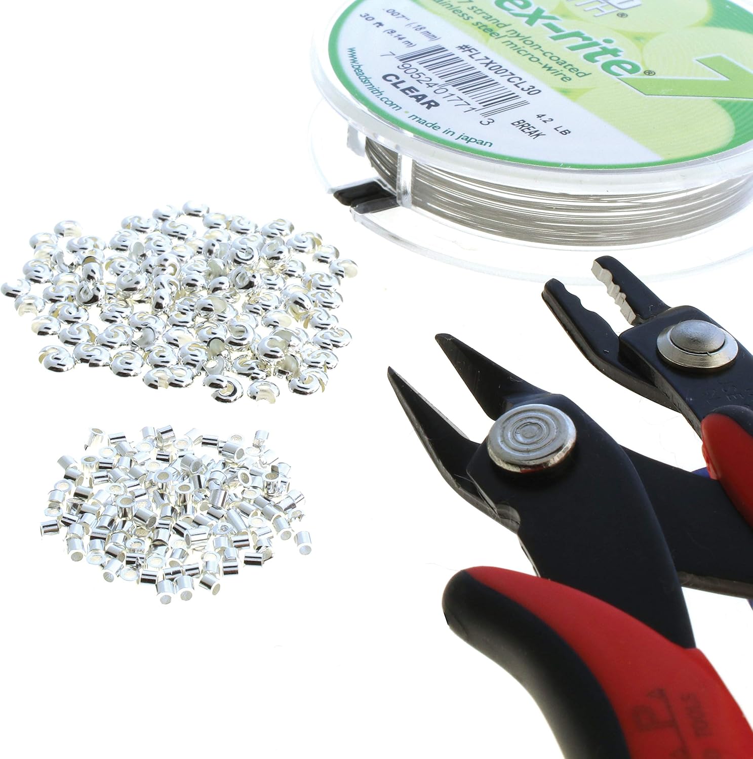 The Beadsmith Crimper Mega Kit, Includes Crimp Forming Pliers, Cutter, 2x2mm Crimp Tubes, 3mm Crimp Bead Covers & 7-Strand FlexRite Wire, Create Rounded Crimps Every Time, No Sharp Edges