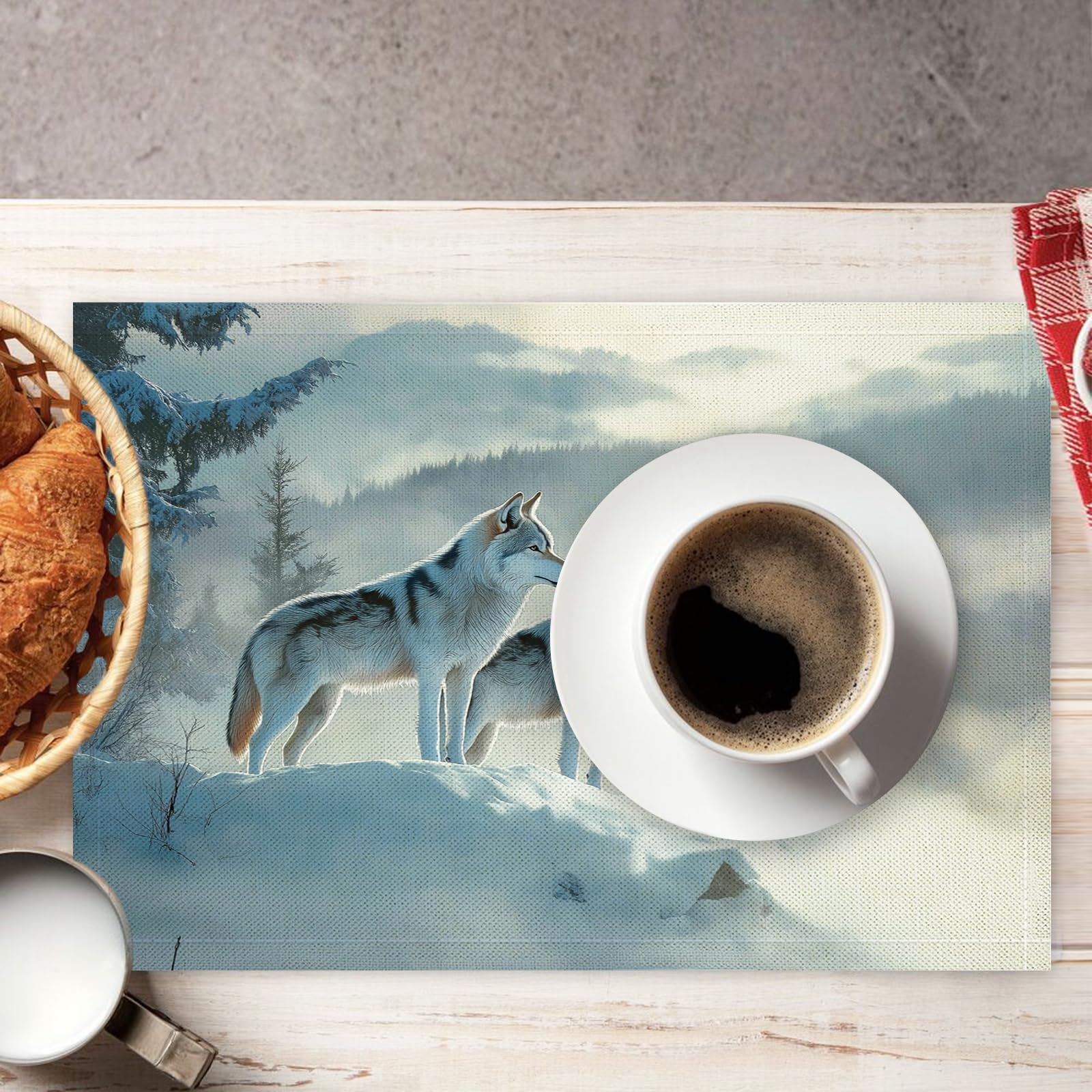 Set di 8 Tovagliette Americane Lavabili Cotone Lino Paesaggio forestale - Tovaglietta Americana Stoffa Resistenti al Calore Durevole Lupo delle nevi- per Colazione Pranzo