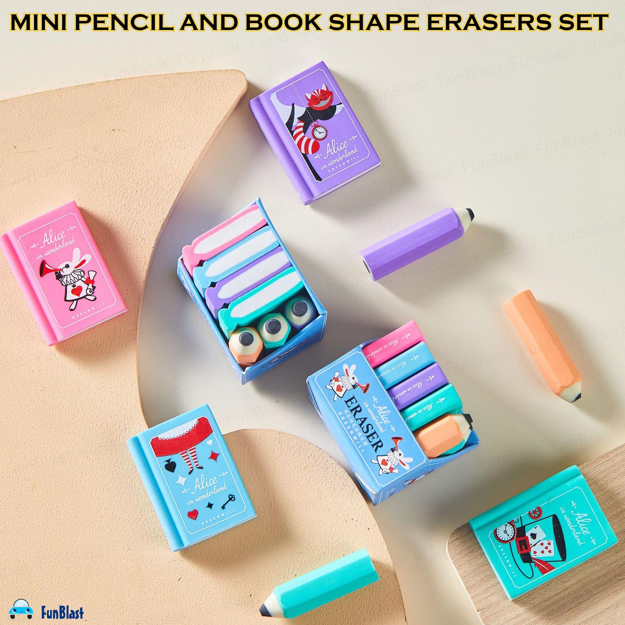FunBlast Mini Pencil and Book Shape Erasers Set For Kids - Multicolor, Rectangular, Rubber, Kawaii Eraser Set, Eraser, Multi-Color - Image 2 thumbnail