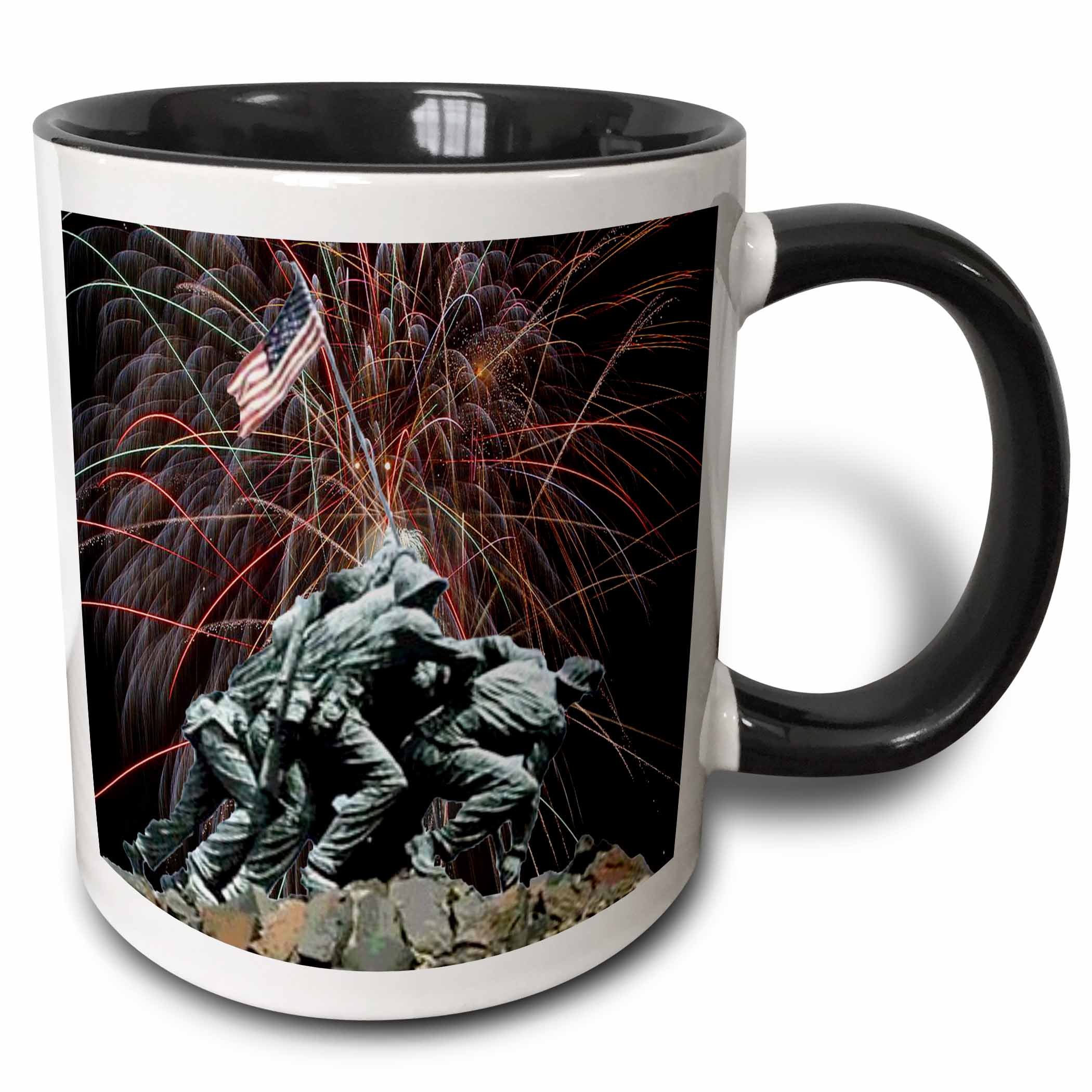 3dRose mug_14248_4"Marine Corp Memorial with Fireworks" Two Tone Black Mug, 11 oz, Multicolor