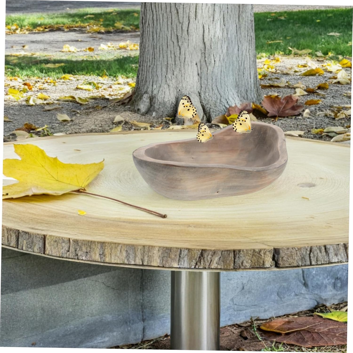 Yardwe Bee Feeder Butterfly Watering Station Rustic Wood Bird Bath Bowl for Hummingbirds Frog Ornament Outdoor Garden Decor