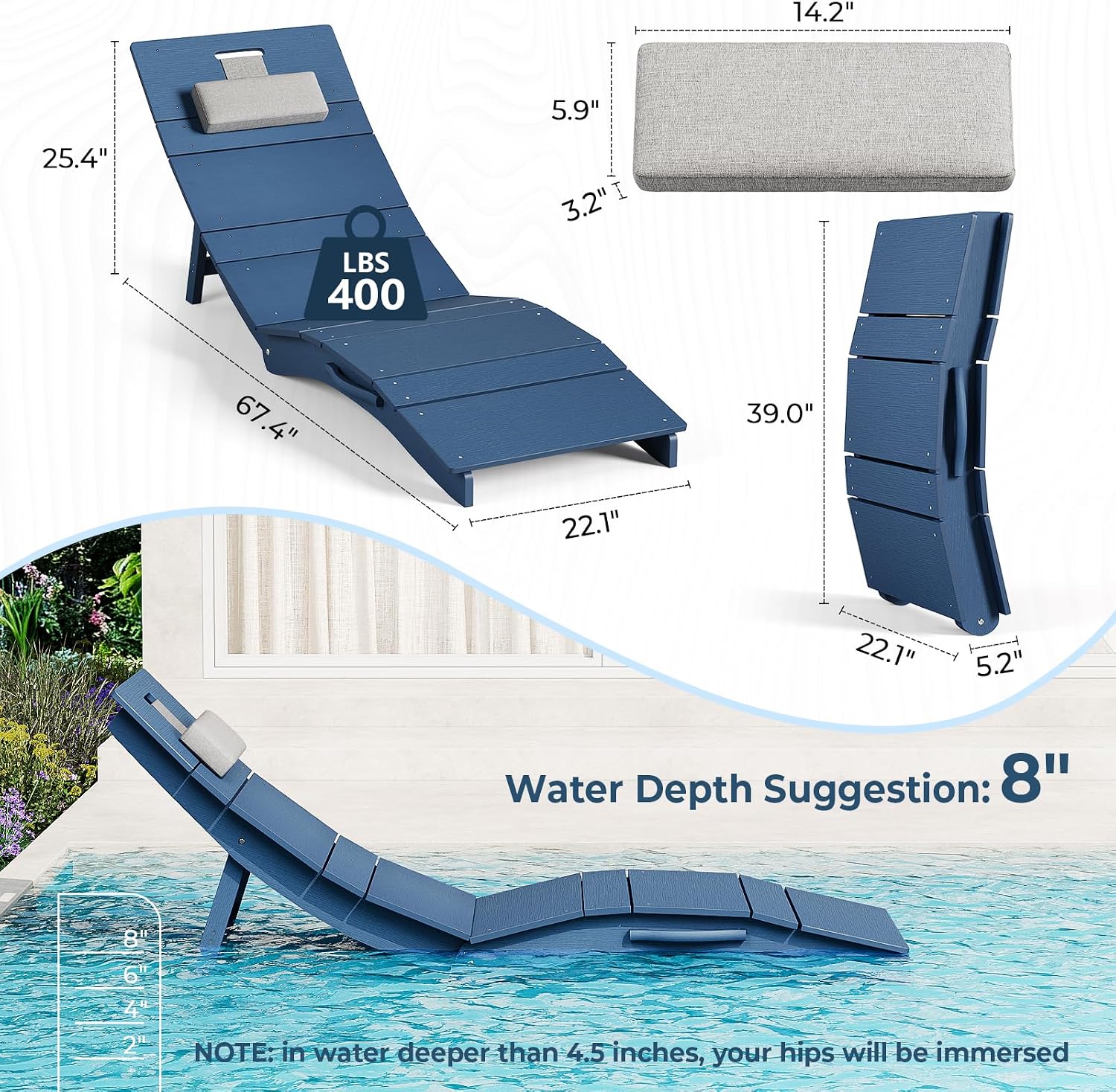 Pool Lounge Chairs Set of 2, Weather Resistant HIPS Outdoor Chaise Lounge for in Pool, Folding Tanning Chairs with Headrest, Holds up to 400LBS, Anti-Floating Lounger for Outside Poolside Yard Deck