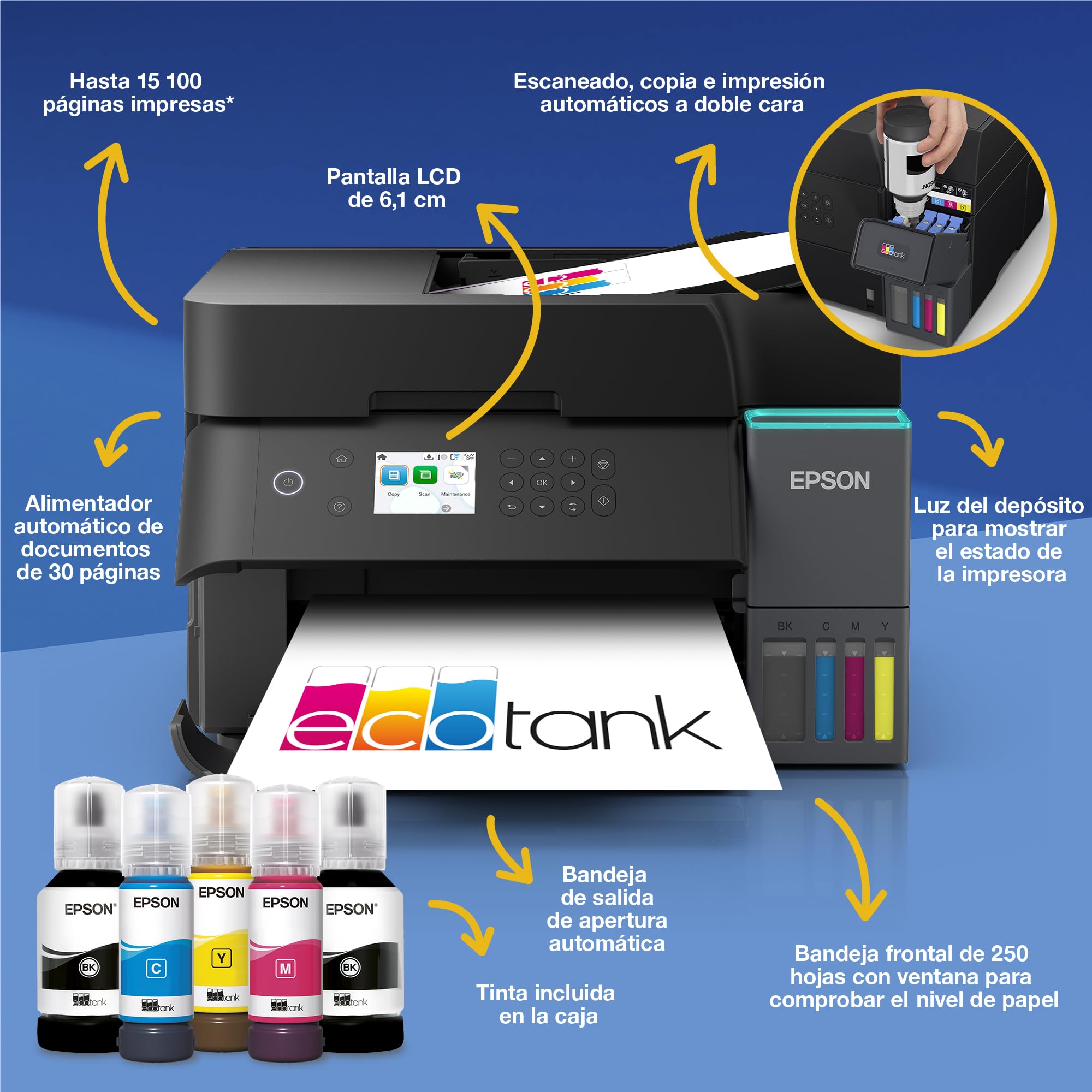 Epson EcoTank ET-3950 Impresora de Depósito de Tinta Wi-Fi A4 Doble Cara Imprimir Copiar Escanear Pantalla LCD 6,1cm ADF 30 Hojas Tinta Incluida