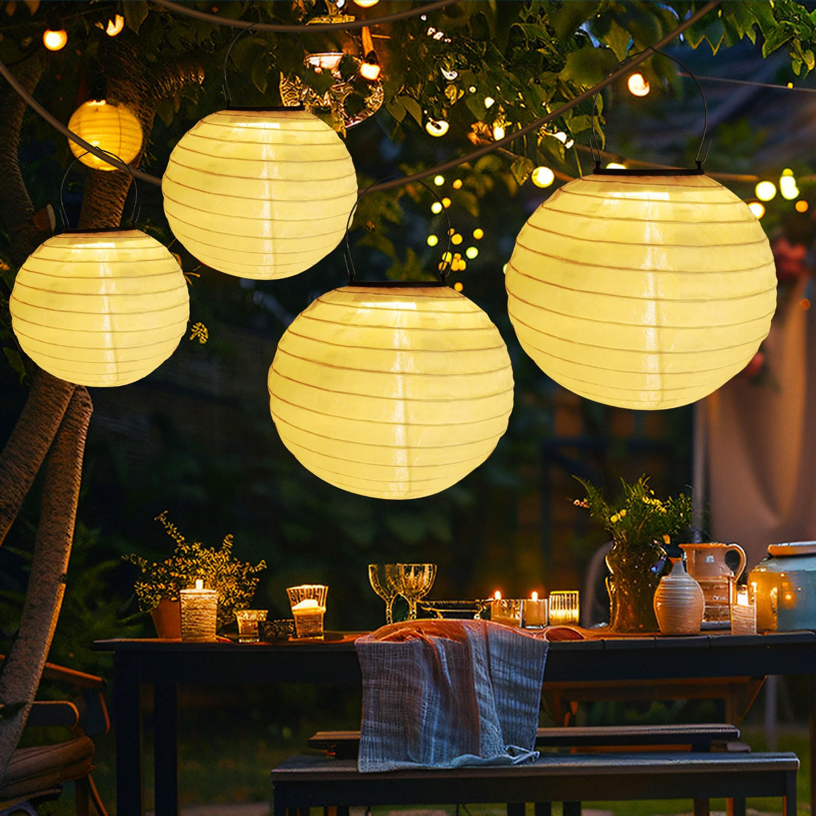 Liuyife 4 Stück 20CM Solar Lampions Außen, Wasserdichte Warmweiße Hängende Solar Gartenlaternen, Solar LED Laterne für Garten, Hof, Balkonen und Festdekoration
