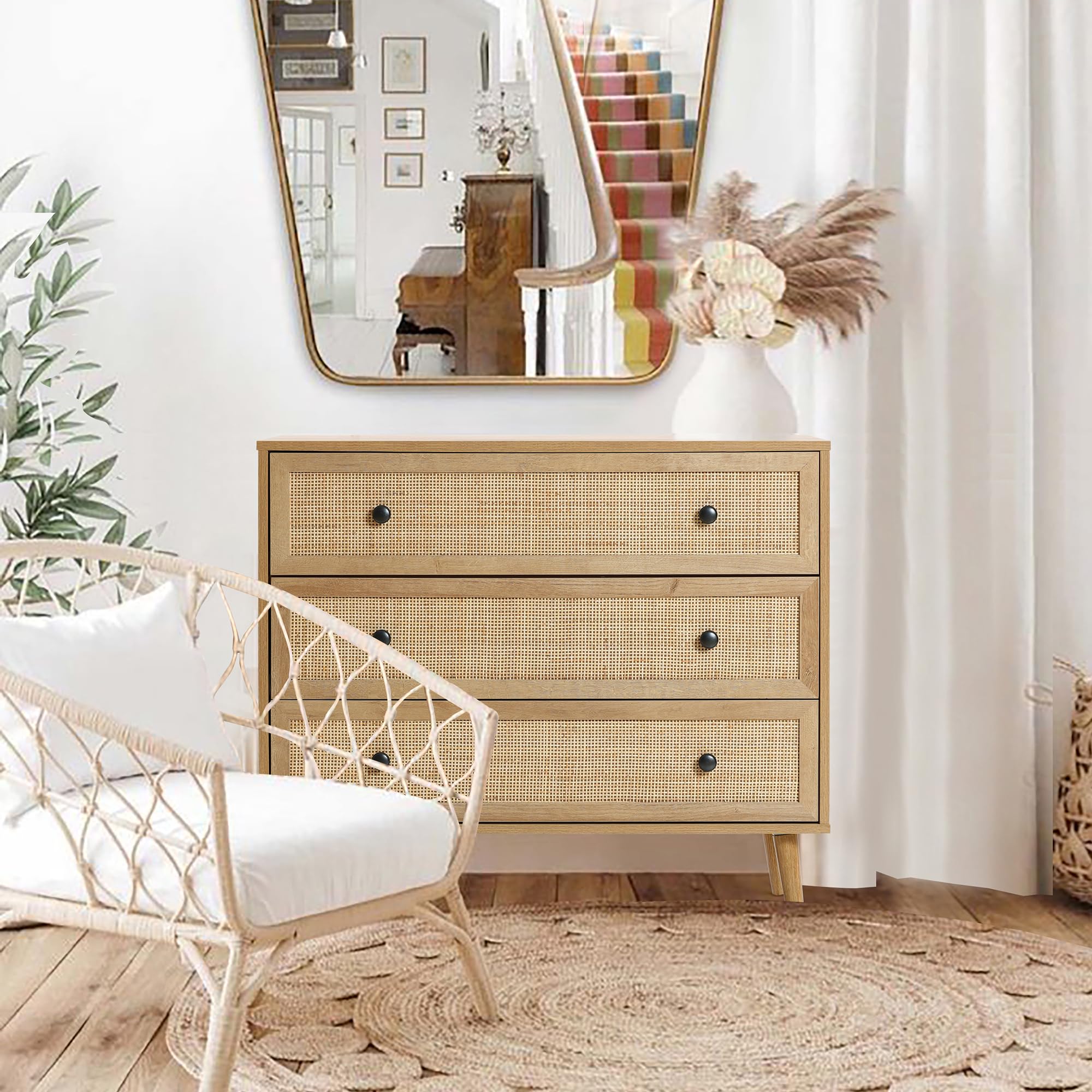 Amazon｜LuxenHome 木製ドレッサー 幅35インチ 引き出し3段 ラタン