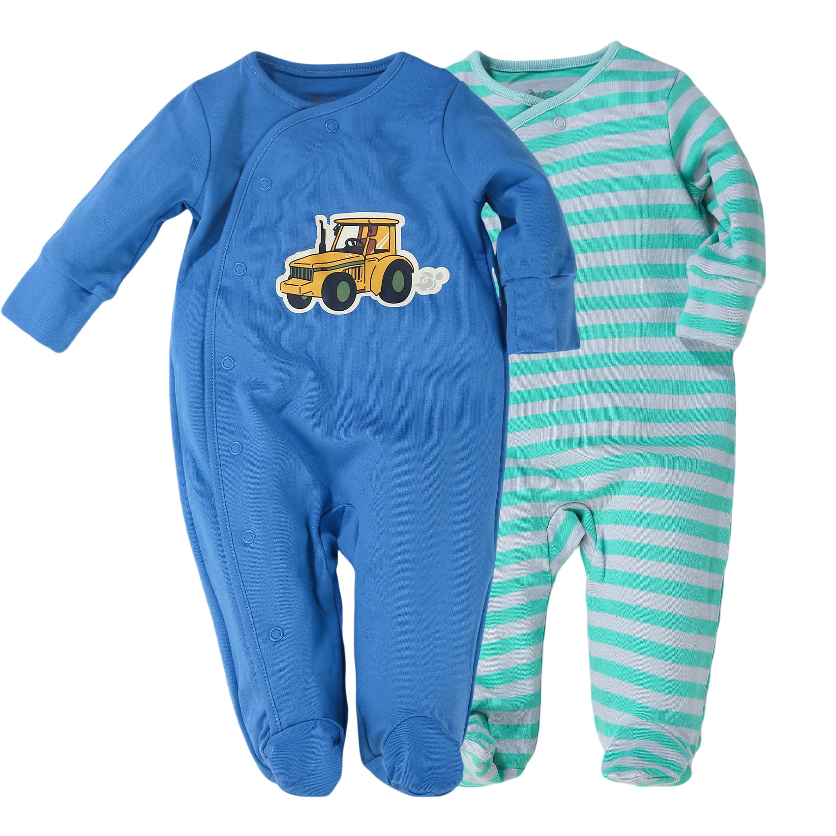 Minicoco 2-Pack Baby Boy Girl 100% Cotton Footie, Long Sleeves Side Snap Jumpsuit for Infant