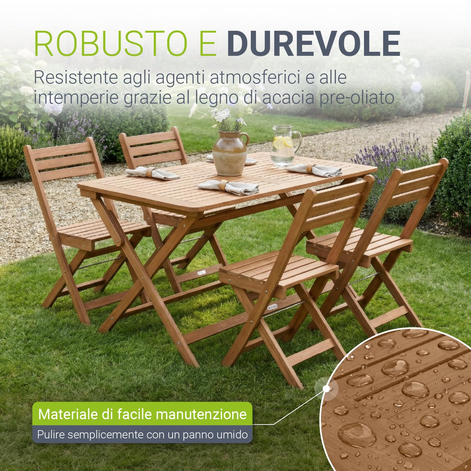 Juskys Gruppo pranzo Rimini acacia 5 pezzi sedute pieghevoli terrazza balcone