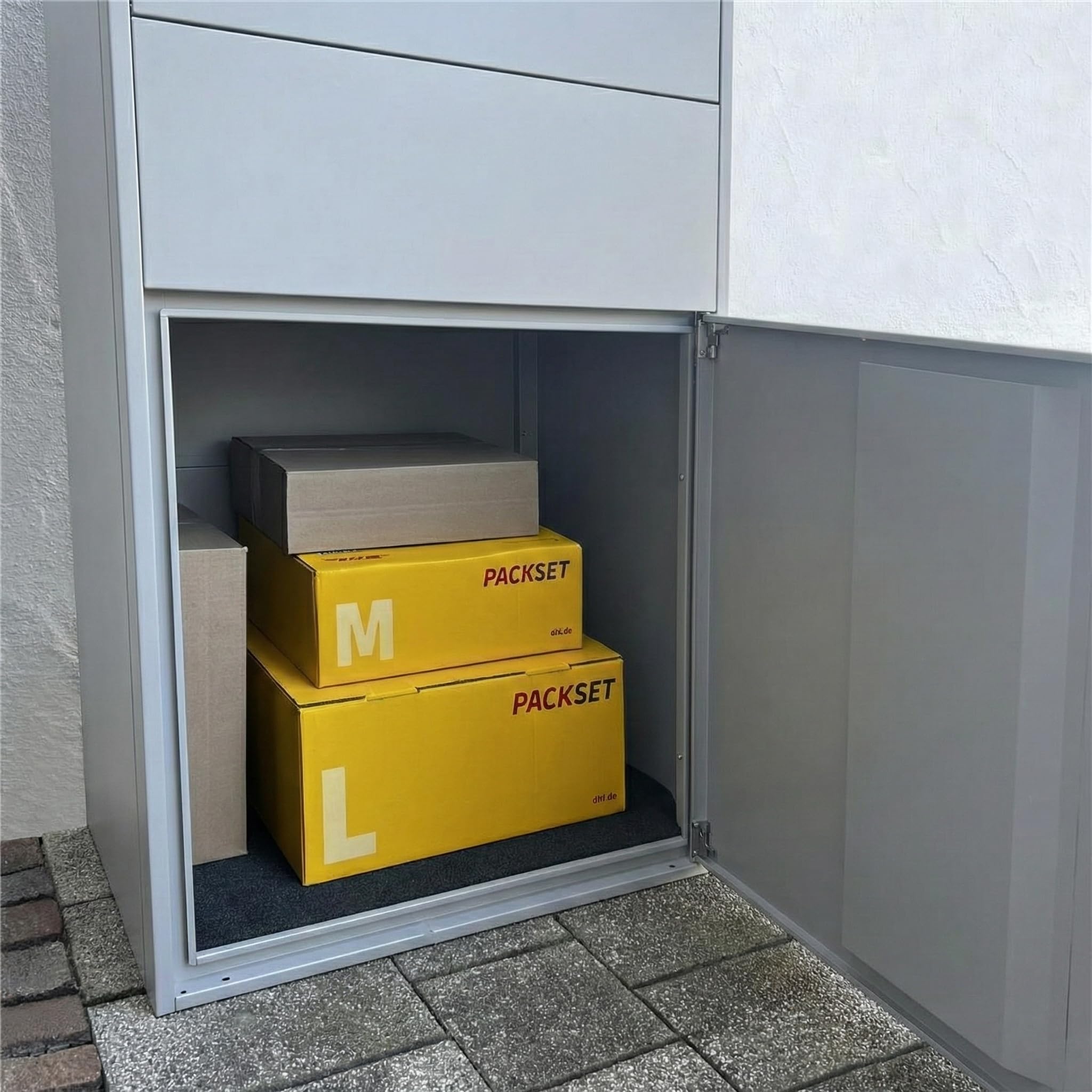 Metzler Paketbox groß XXL Briefkasten mit Paketfach RAL 9007 Graualuminium Standbriefkasten Wasserdicht rostfrei massiv Bispo Max