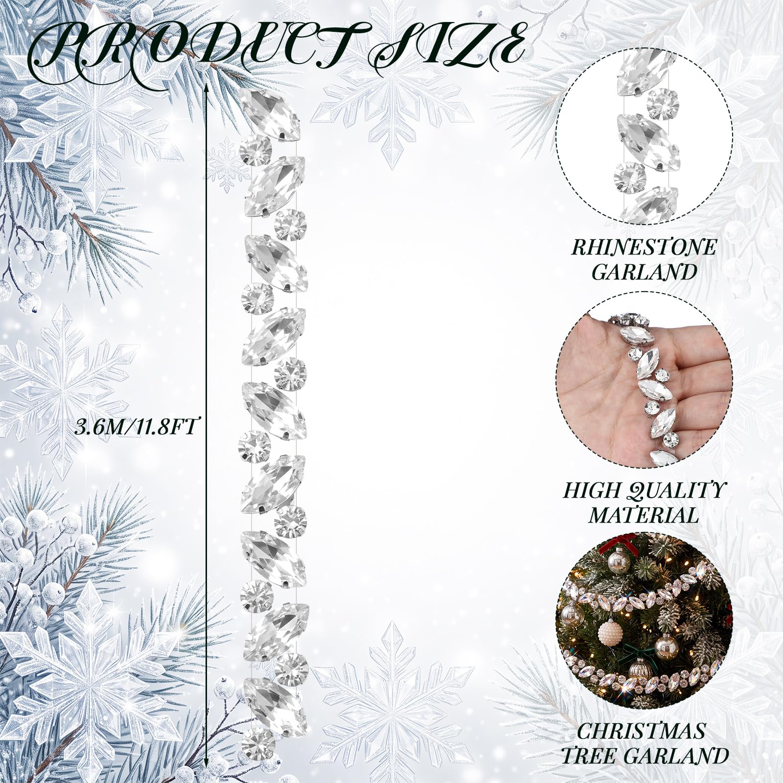 Yookeer Guirlande de perles en cristal argenté de 3,7 m pour sapin de Noël, navette à suspendre et fil rond en strass pour maison, couronne, cheminée, rampe, décoration de fête de mariage
