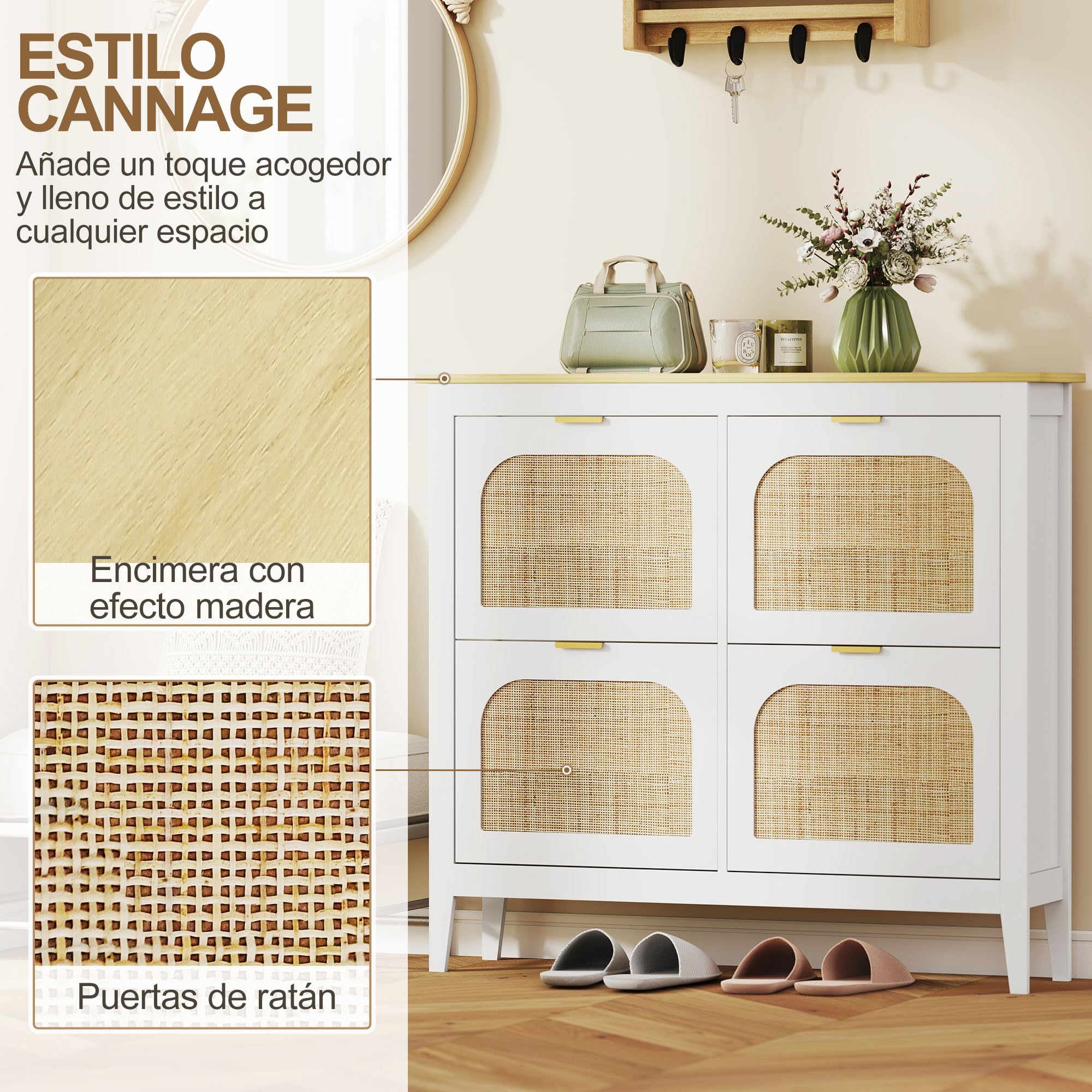 HOMCOM Zapatero Estrecho con 4 Puertas de Ratán Zapatero Entrada Recibidor con Estantes Ajustables para 20 Pares de Zapatos 105x24x95,5 cm Blanco