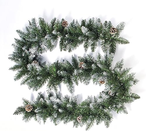 Miniatura 7 de Guirnalda de Navidad artificial de ratán navideño de 8.8 pies, decorada con conos de pino y ramas de escarcha, plantas de vid de Navidad verde,