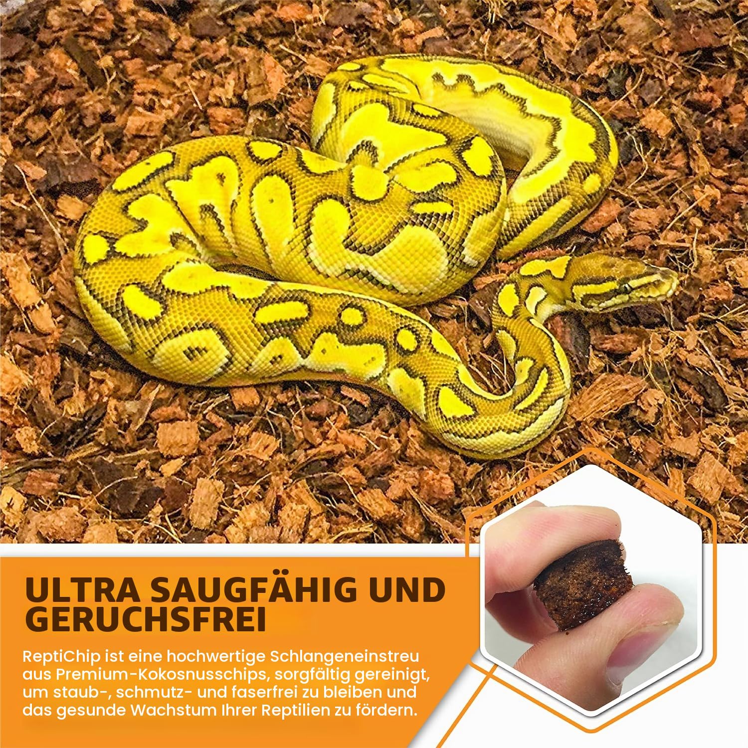 Reptichip Premium Kokossubstrat 72 Liter Bio-Reptiliensubstrat Das perfekte Reptilienbett für Ballpythons und Diese Kokosnuss-Bettwäsche ist perfekt für Amphibien!