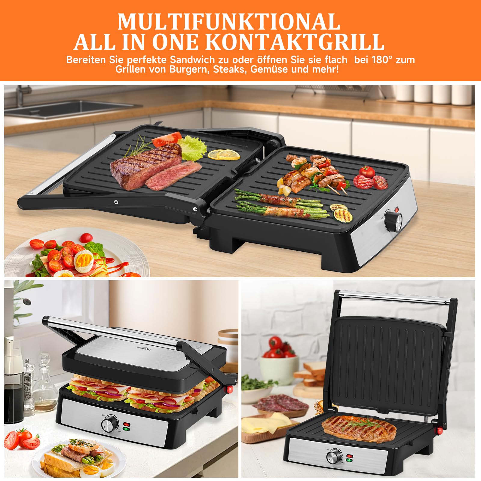 HOMELUX Griglia a contatto, panini e panini Grill 2200 W, per grigliare senza grassi, toastie, bistecca, panini maker con piastre antiaderenti 29 x 23 cm, apertura a 180°, raschietto per pulizia