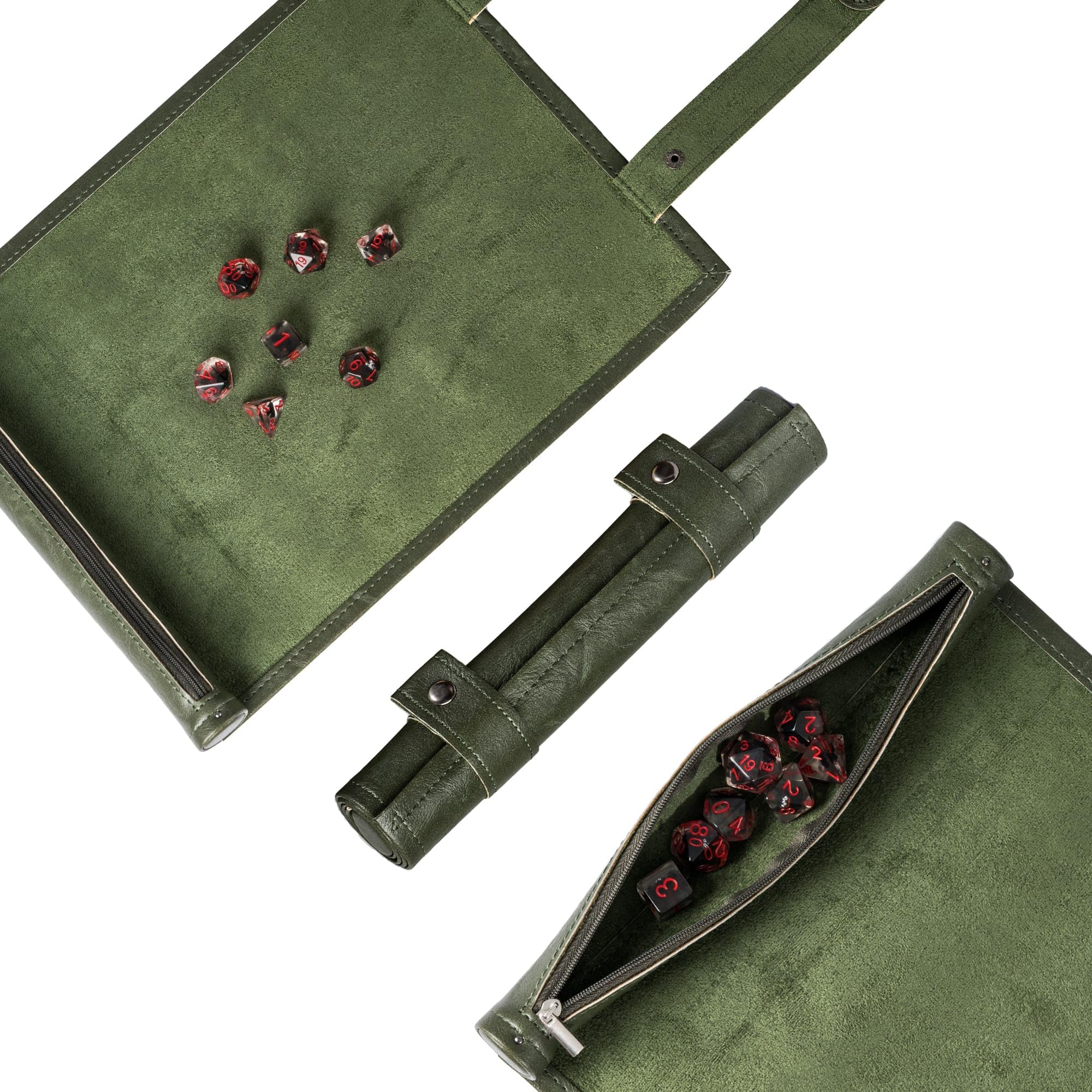 Cusdie 2 in 1 Rolling Mat & Zippered Dice Holder Tray - Compatible With DND Polyhedral Dungeons and Dragon (Leatherette-Green)