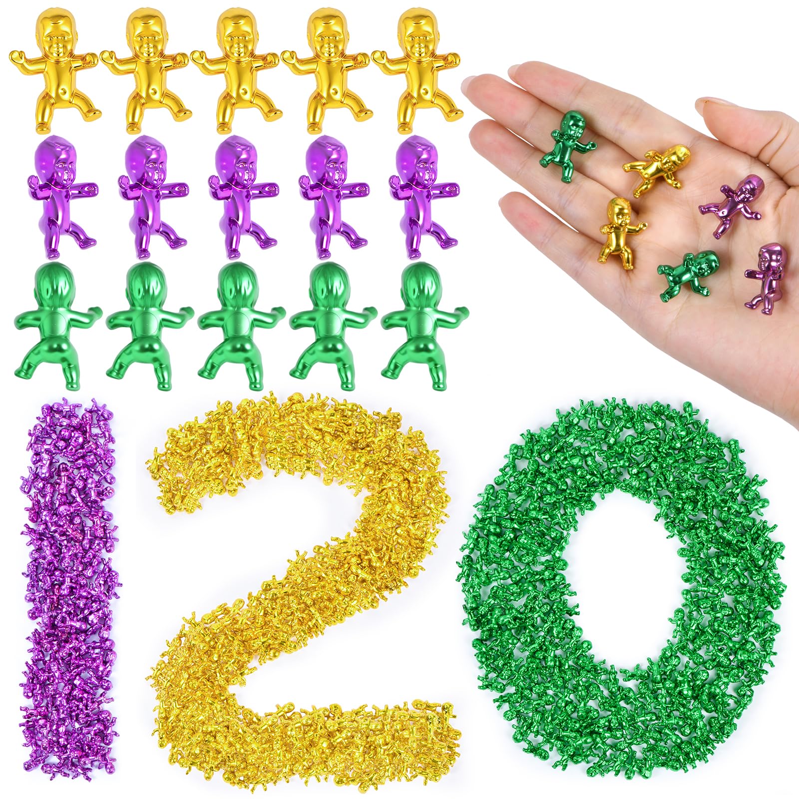 Photo 1 of 120 Pcs King Cake Babies, 1 Inch Mardi Gras Baby for Cake, Metallic Purple Green Gold Mini Plastic Babies for Ice Cube My Water Broke Baby Shower Game, Mardi Gras Party Favors Decorations