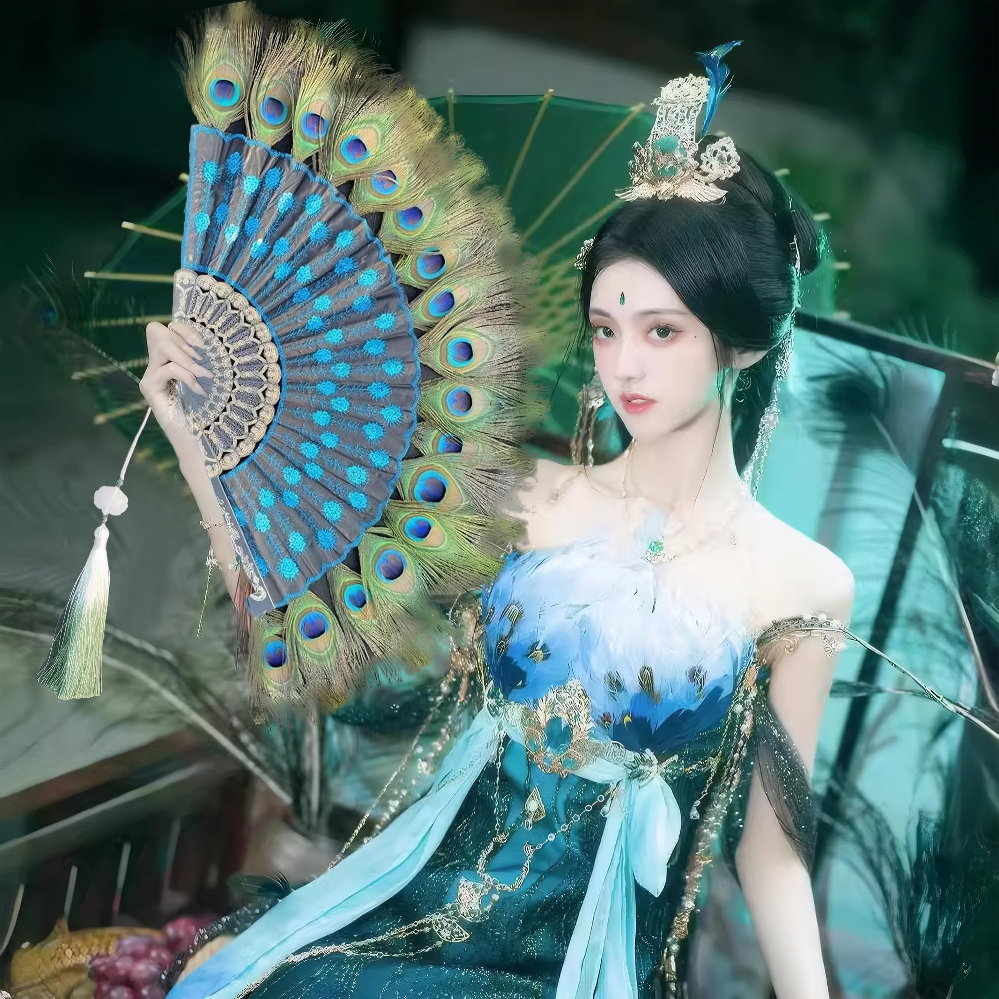 Amazon.com: CATPAN 女款手扇可折疊:孔雀羽毛扇手持,中國復古手扇可
