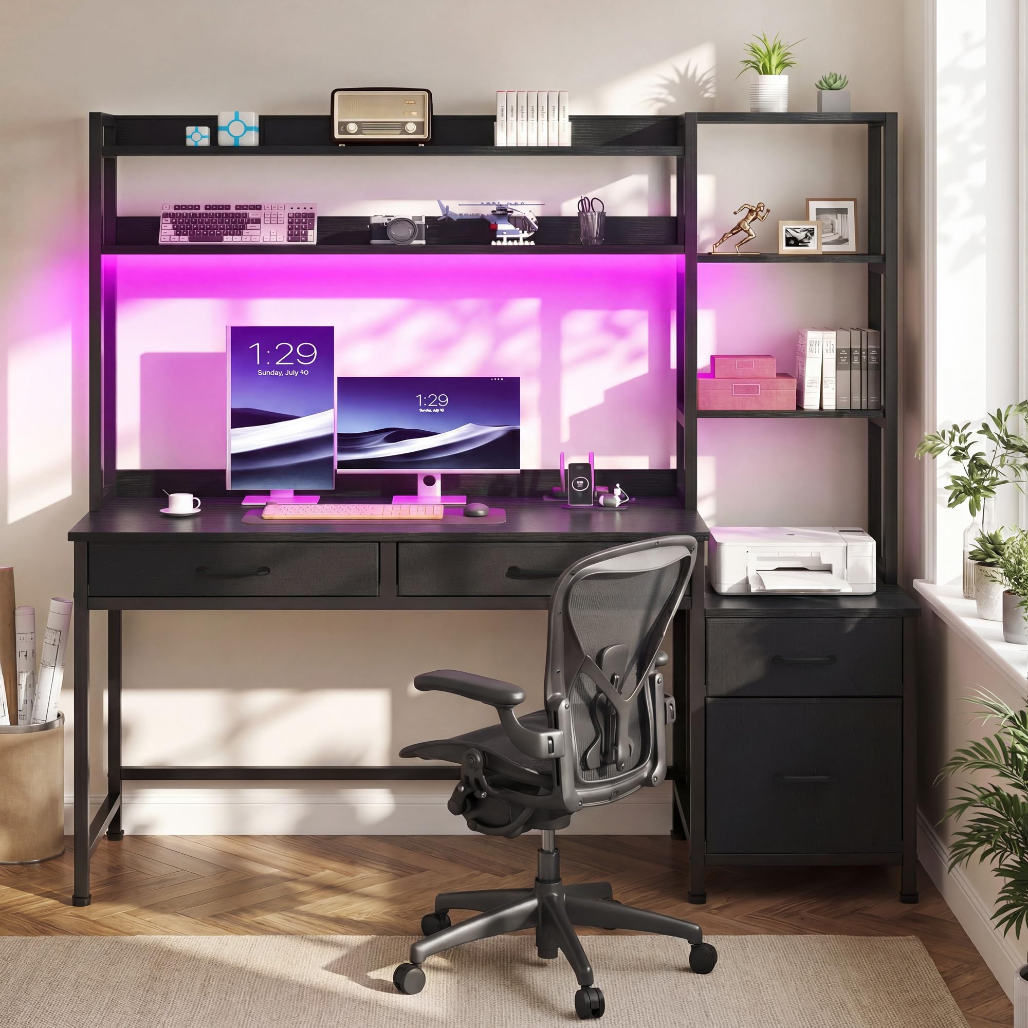 YITAHOME Bureau d'ordinateur avec tiroirs 150cm Gaming LED USB Prise Noir